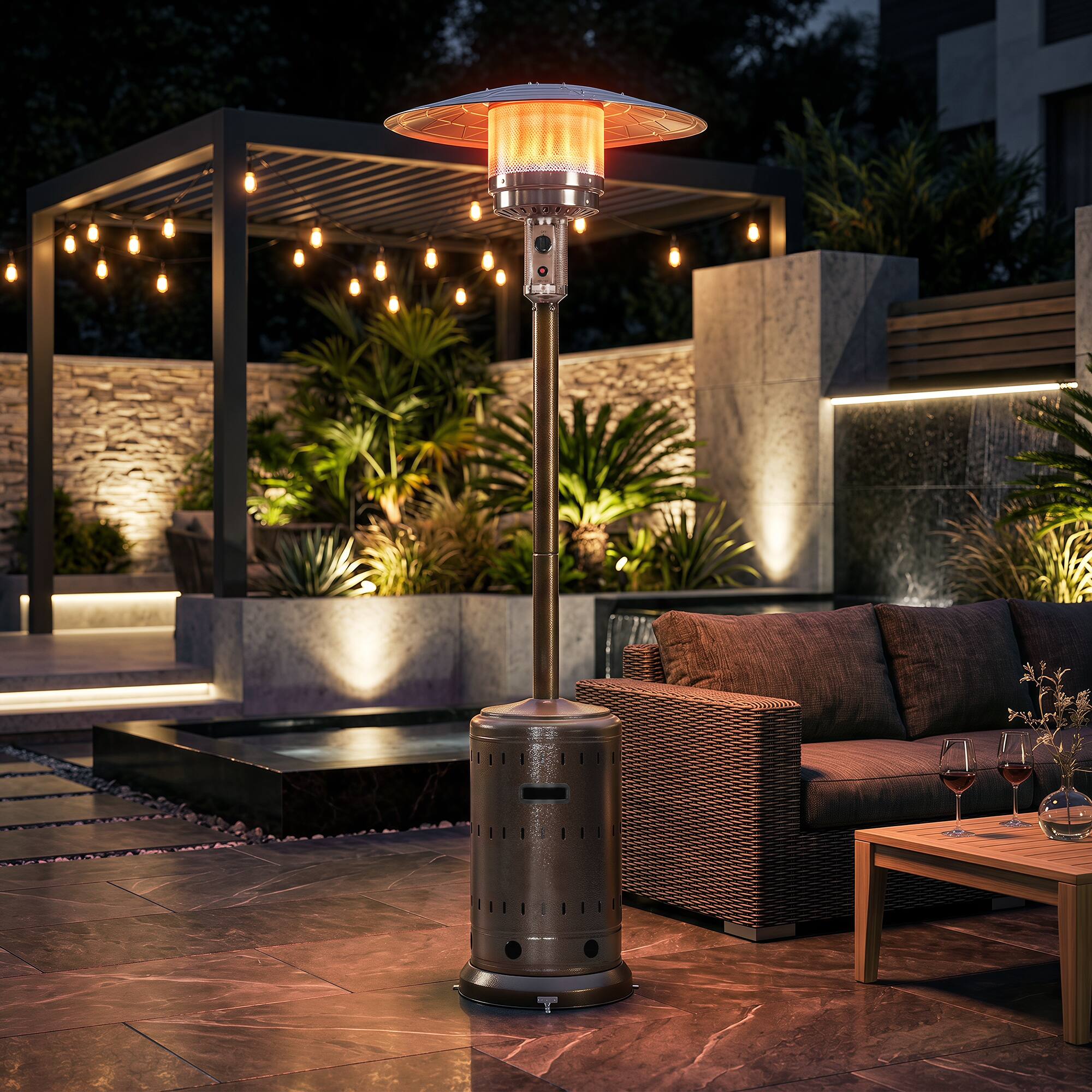 Angle. Nuu Garden - 46,000 BTU Metal Brown Propane Patio Heater with Wheels, ETL Certification.