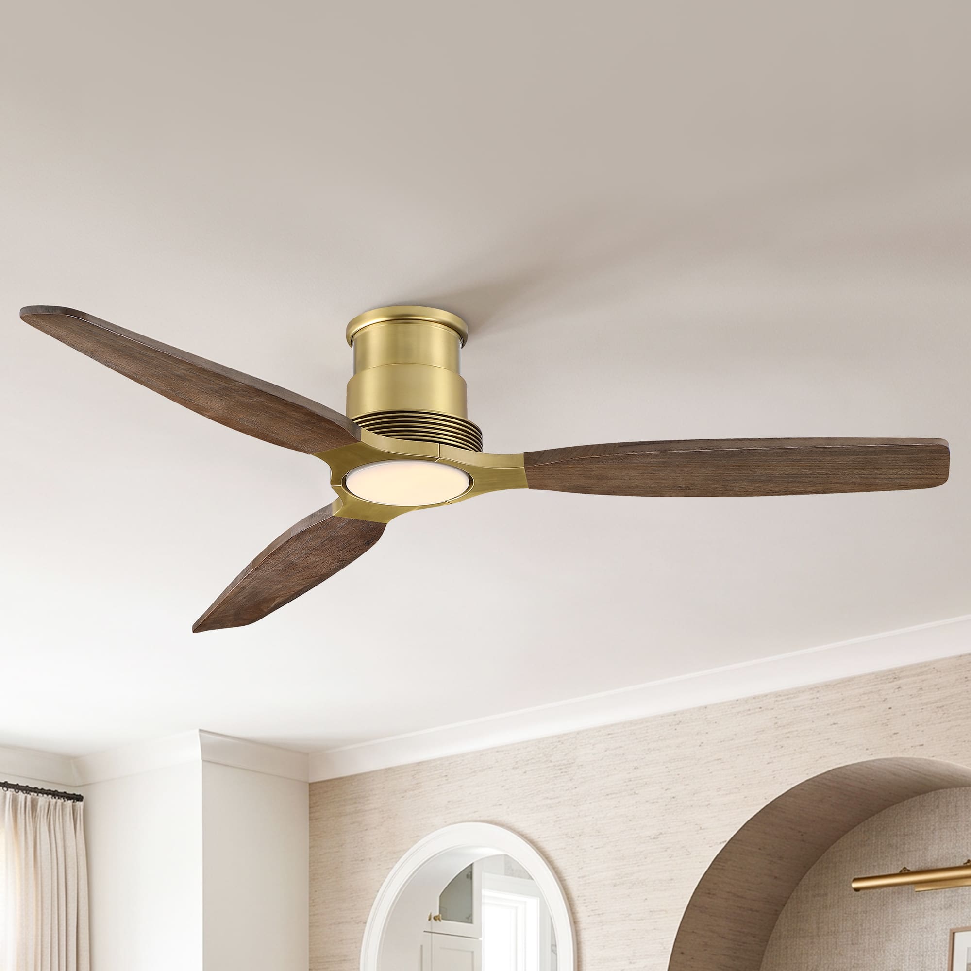 Parrot Uncle - 48" Mid Century Solid Wood Lightweight Flush Mount Ceiling Fan with Dimmable LED Light and Remote, 6-Speed DC Motor - Gold