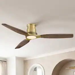 Parrot Uncle - 48" Mid Century Solid Wood Lightweight Flush Mount Ceiling Fan with Dimmable LED Light and Remote, 6-Speed DC Motor - Gold