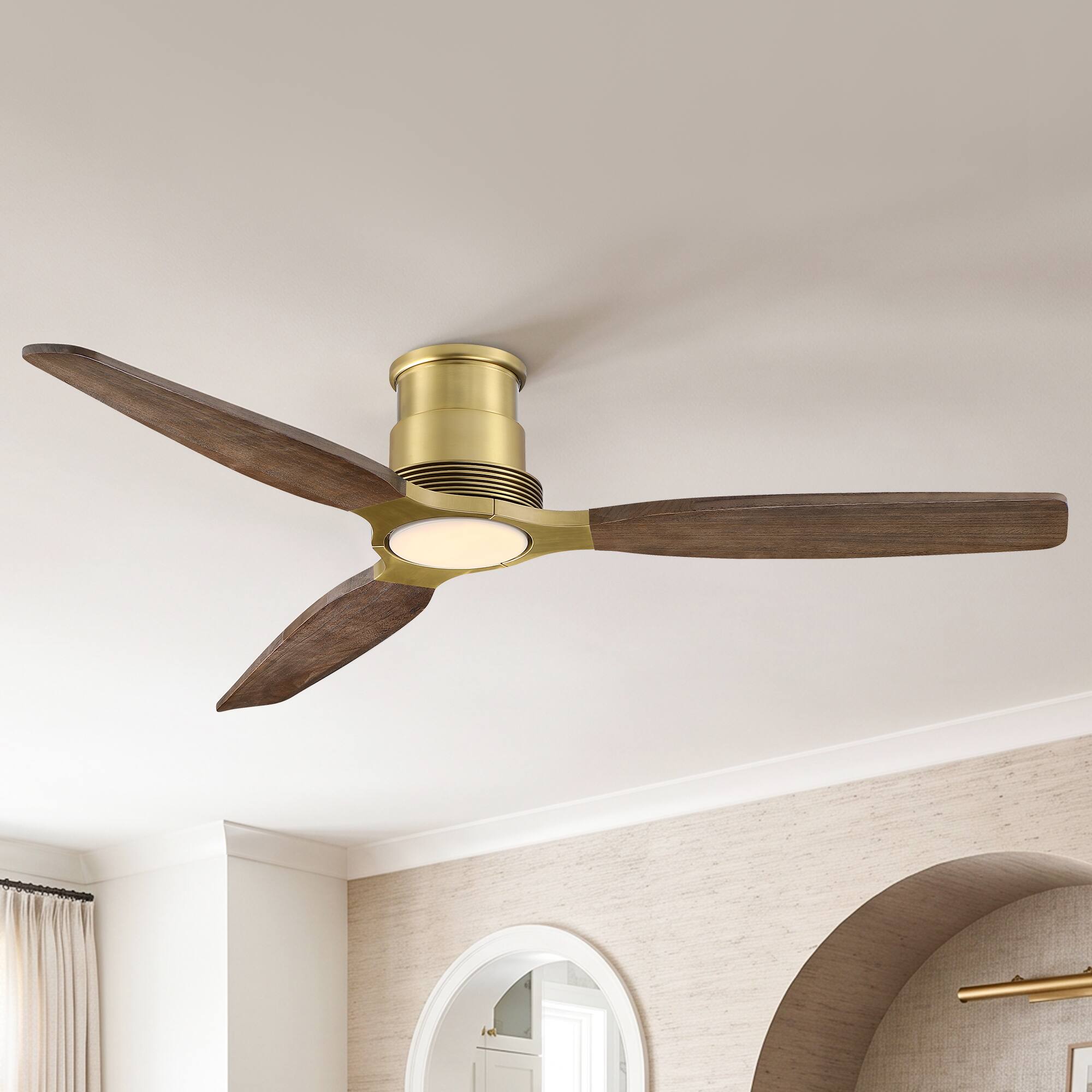 Front. Parrot Uncle - 48" Mid Century Solid Wood Lightweight Flush Mount Ceiling Fan with Dimmable LED Light and Remote, 6-Speed DC Motor - Gold.