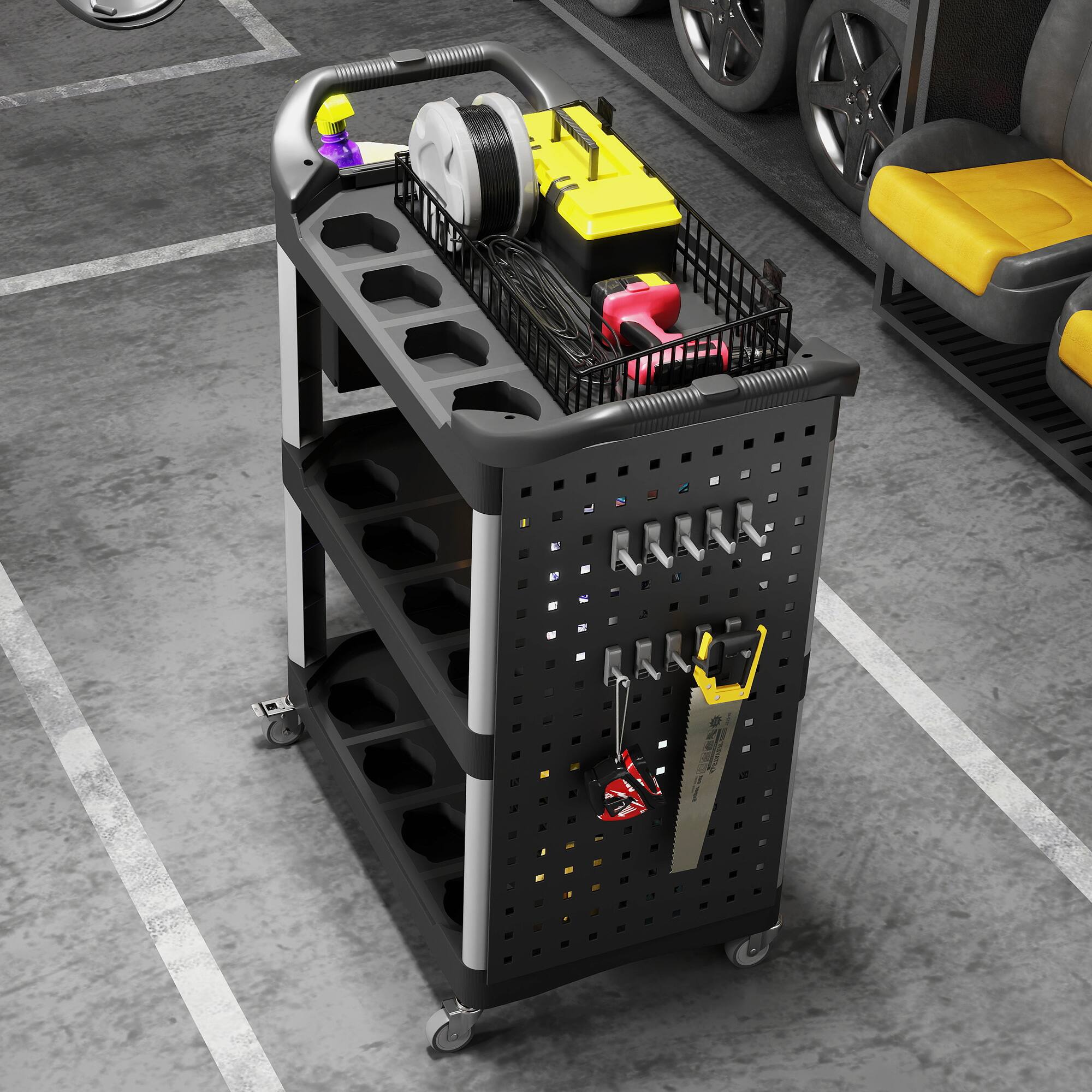 Alt View 8. Homcom - Rolling Tool Cart, 200 LBS Capacity Plastic Utility Cart with Side Shelf and Bucket - Black and Light Gray.