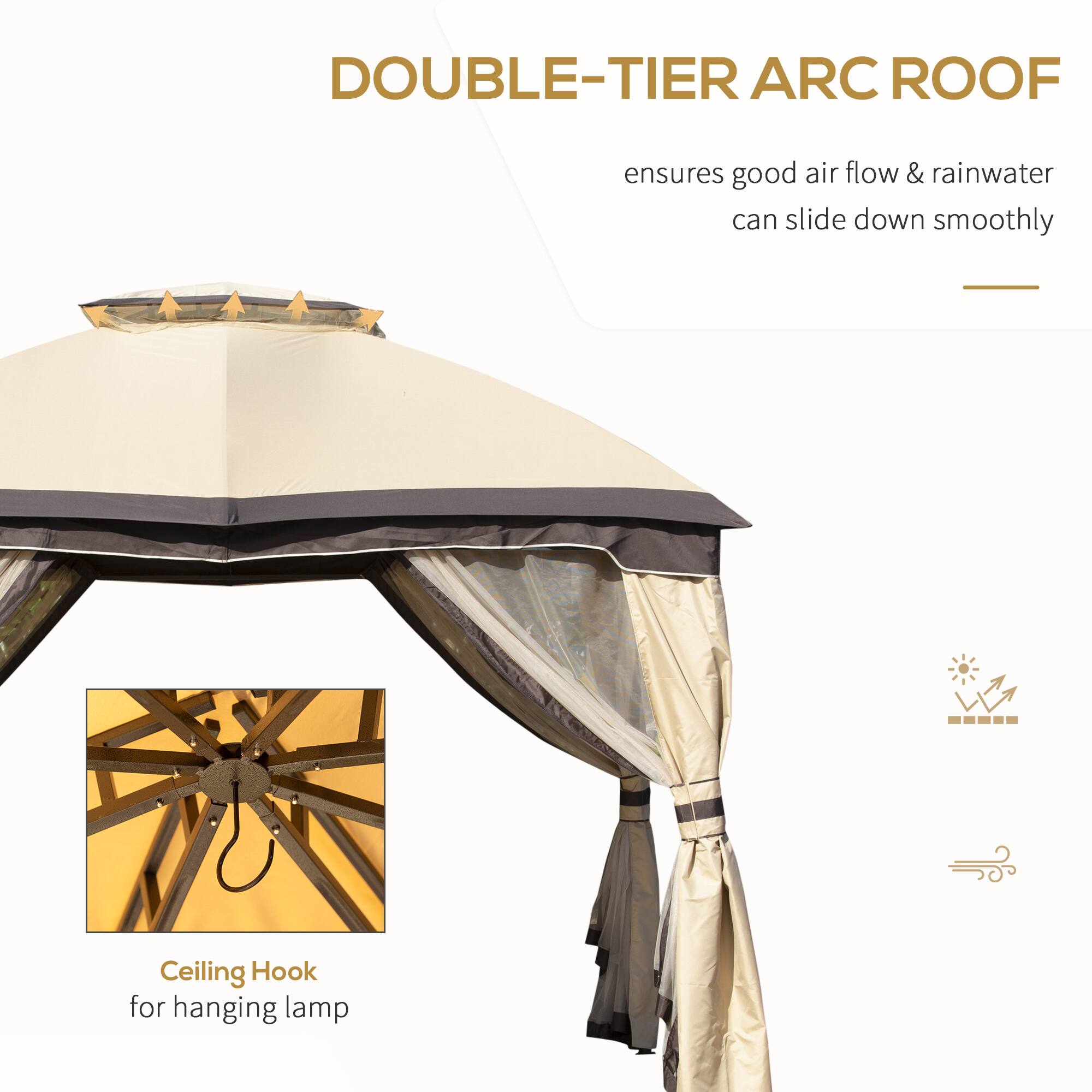 DOUBLE-TIER ARC ROOF ensures good air flow & rainwater can slide down smoothly

Ceiling Hook for hanging lamp