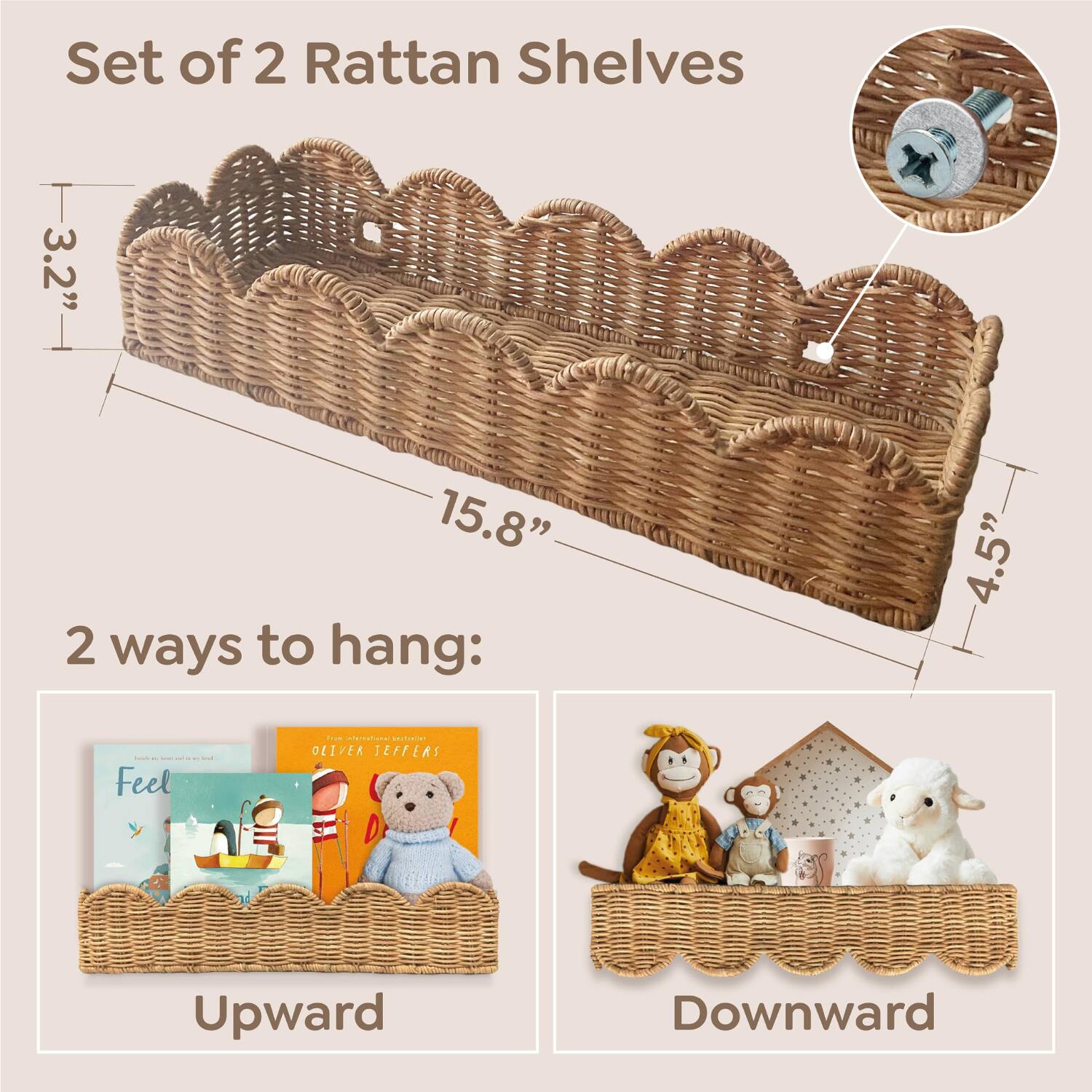 Set of 2 Rattan Shelves  
3.2" x 15.8" x 4.5"  

2 ways to hang:  
Upward  
Downward