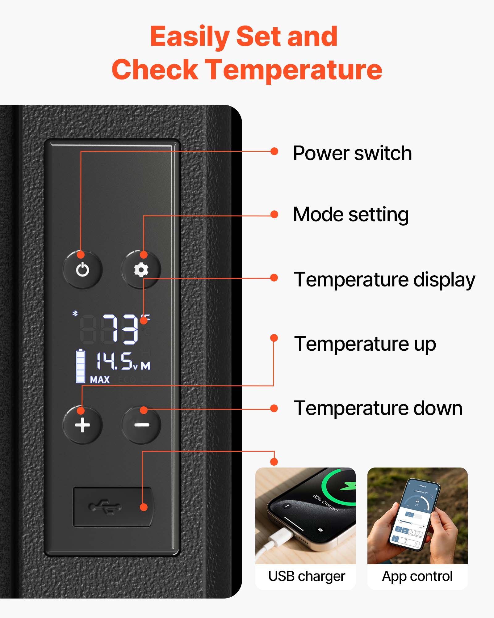 Easily Set and Check Temperature

Power switch
Mode setting
Temperature display
Temperature up
Temperature down
USB charger
App control