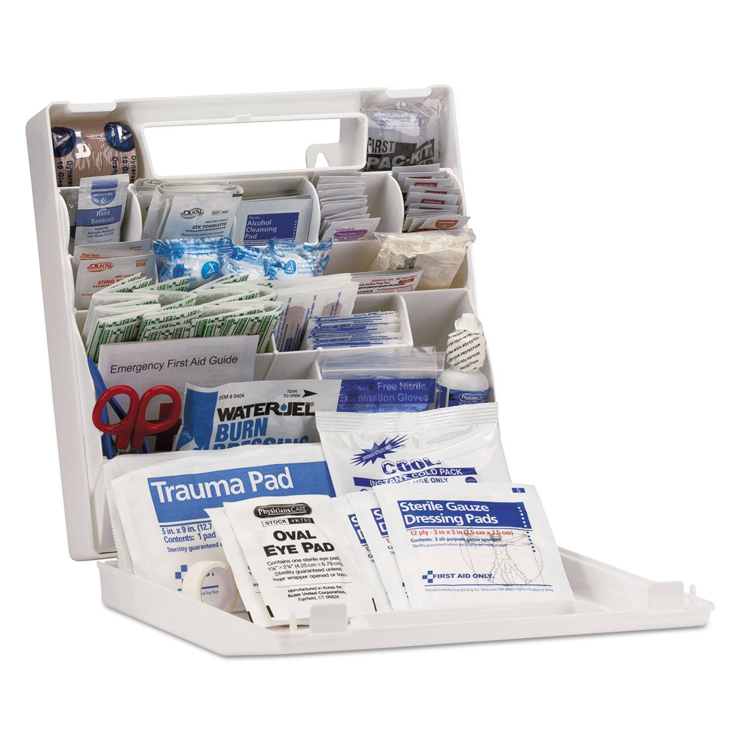Dysara 10.0 DyGi FRST PAC-KIT  
Samiluer O.C Alcohol Cleansing Pad  
OUAS VS TM HOPTO - First Aid Guide Emergency Wu Free Nitrite - JEM BA0e  
a.nination Gloves P WATERJEL BURN CGOL GHOOCO PACK Trauma Pad UNA THIE OMLY PRsC Sterile Gauze ETOCK ELAETE S Dressing Pads 5n E 9 in. (12) E pad OVAL 12p/g  
Contents: Ca  
Sterility guaranteed EYE PAD  
Emergency First Aid Guide  
Trauma Pad  
Sterile Gauze Dressing Pads  
Cool Pack  
Eye Pad  
Free Nitrite  
Nitrile Gloves  
WaterJel Burn Dressing  
99% Alcohol Pad  
First Aid Only