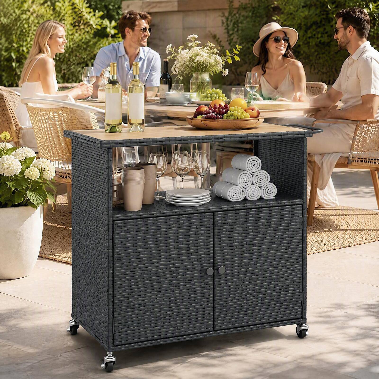 Alt View 1. Costway - Costway Outdoor Storage Cabinet with Acacia Wood Top 2 Doors Buffet Cabinet Sideboard - Black.
