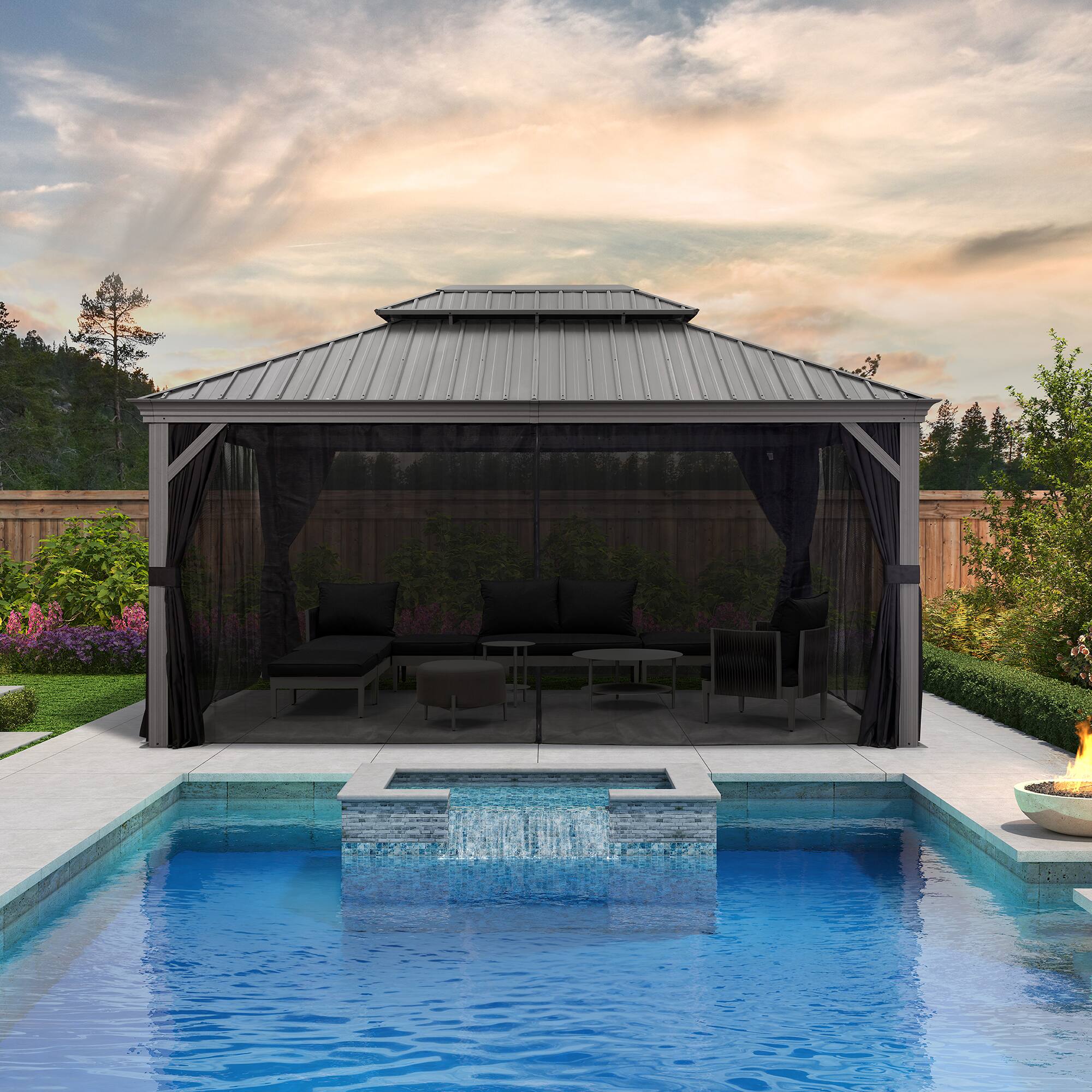 Alt View 1. PURPLE LEAF - 12' X 16' Light Gray Aluminum Power-Coated Frame Galvanized Steel Double Roof Hardtop Gazebo,Hooks Netting Curtain - 12' X 16'.