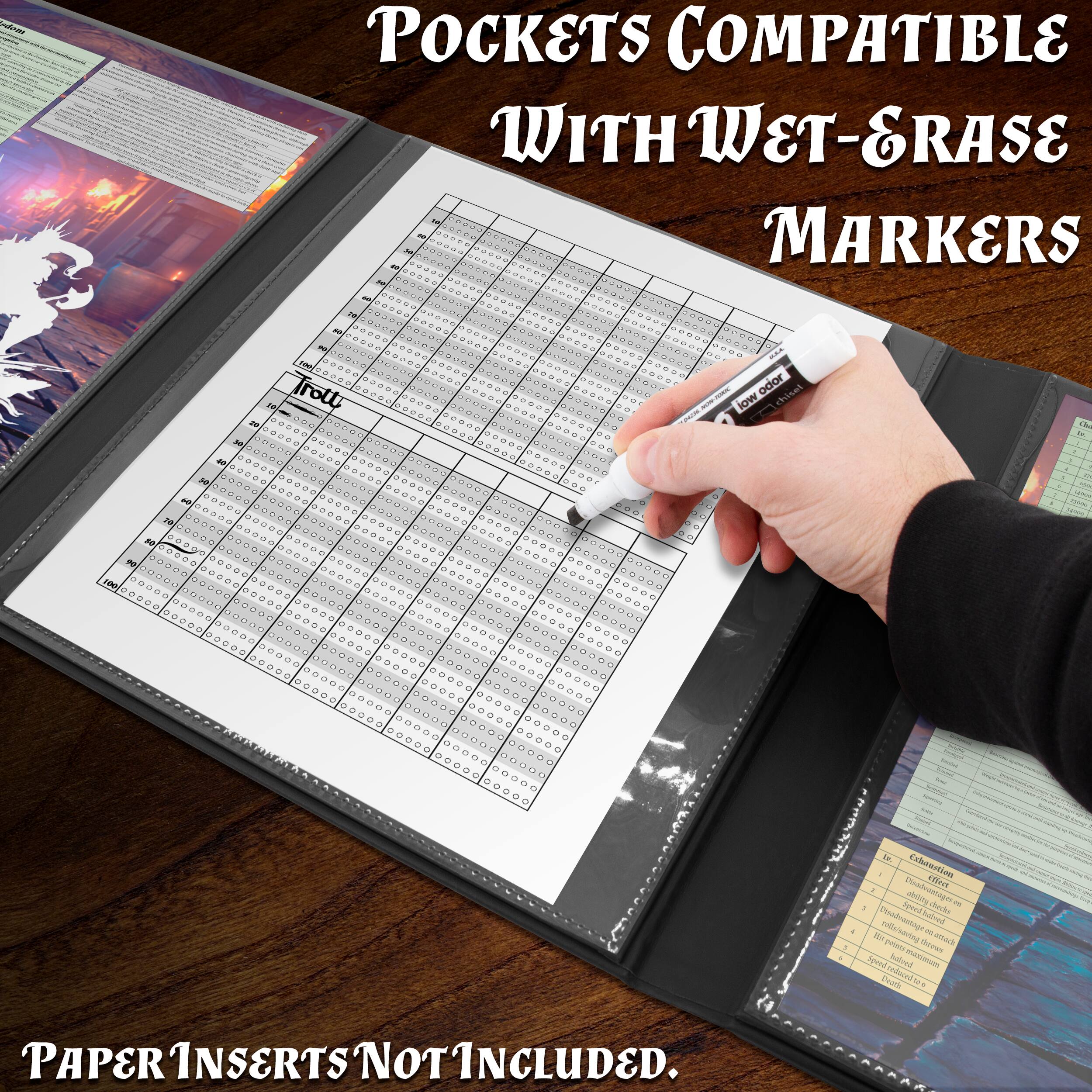 POCKETS COMPATIBLE WITH WET-ERASE MARKERS

PAPER INSERTS NOT INCLUDED.
