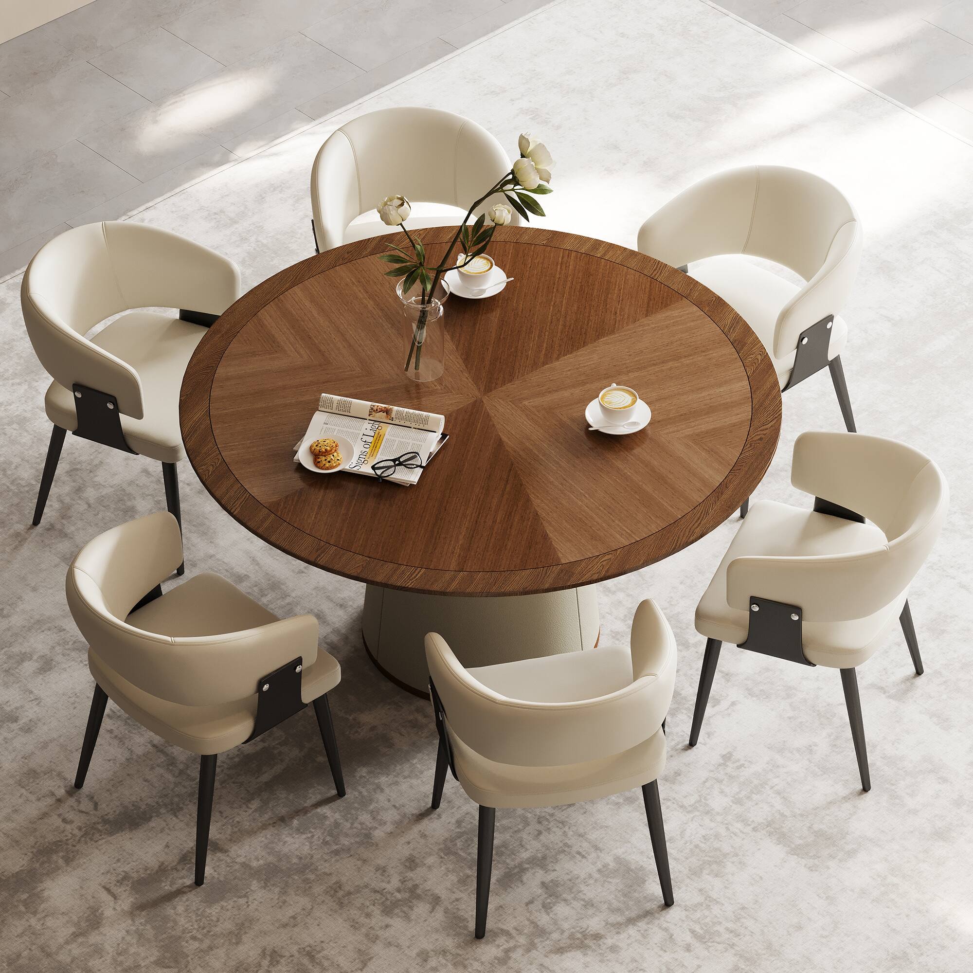 Alt View 2. luck idea - 59.05" Round dining table, suitable for 6-8 people,Modern Mid-Century Kitchen Dinner Tables - Walnut color.