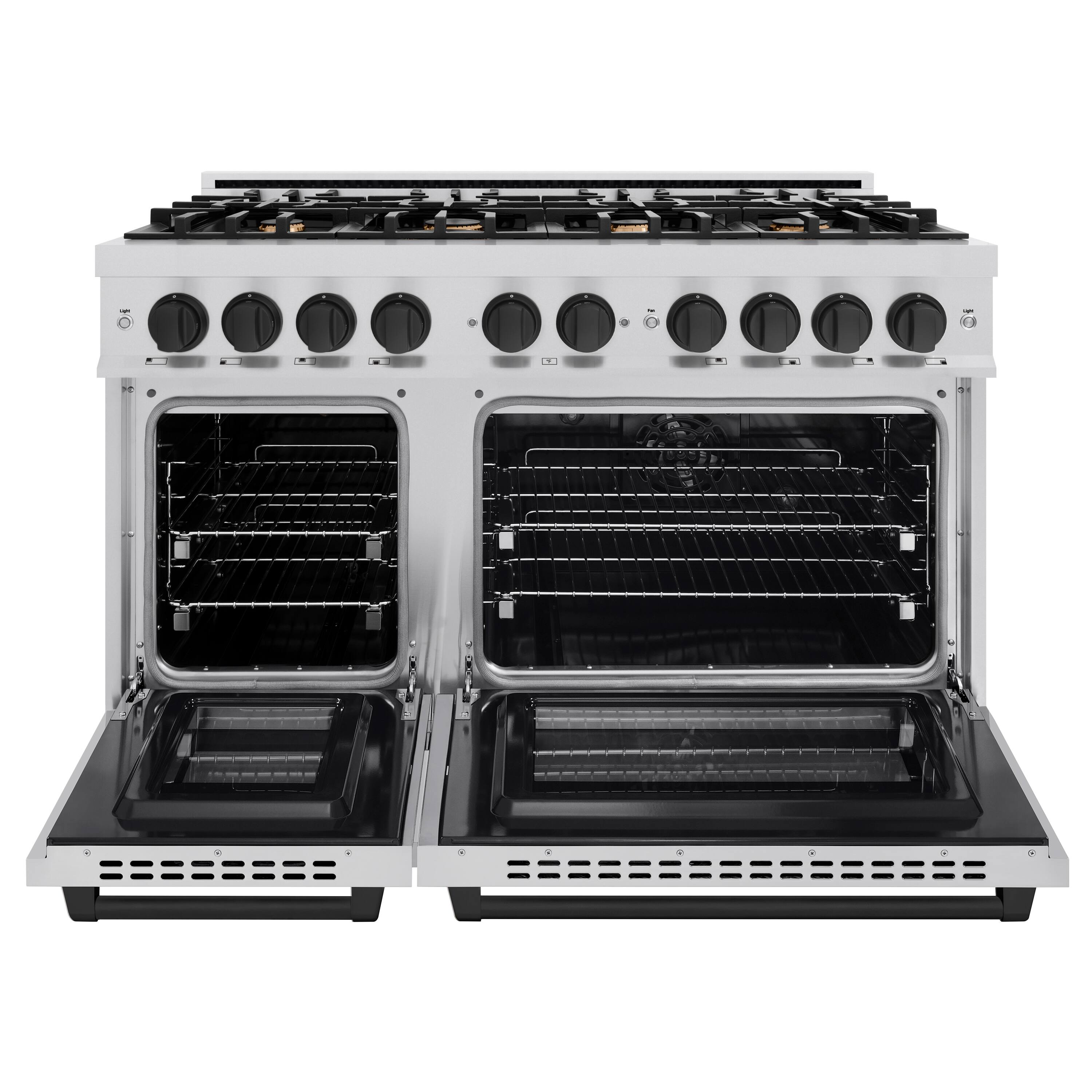 Left. ZLINE - ZLINE Autograph 48" Select Double Oven Dual Fuel Range w/ Matte Black Accents (HDRZ-48-MB) - Stainless Steel.