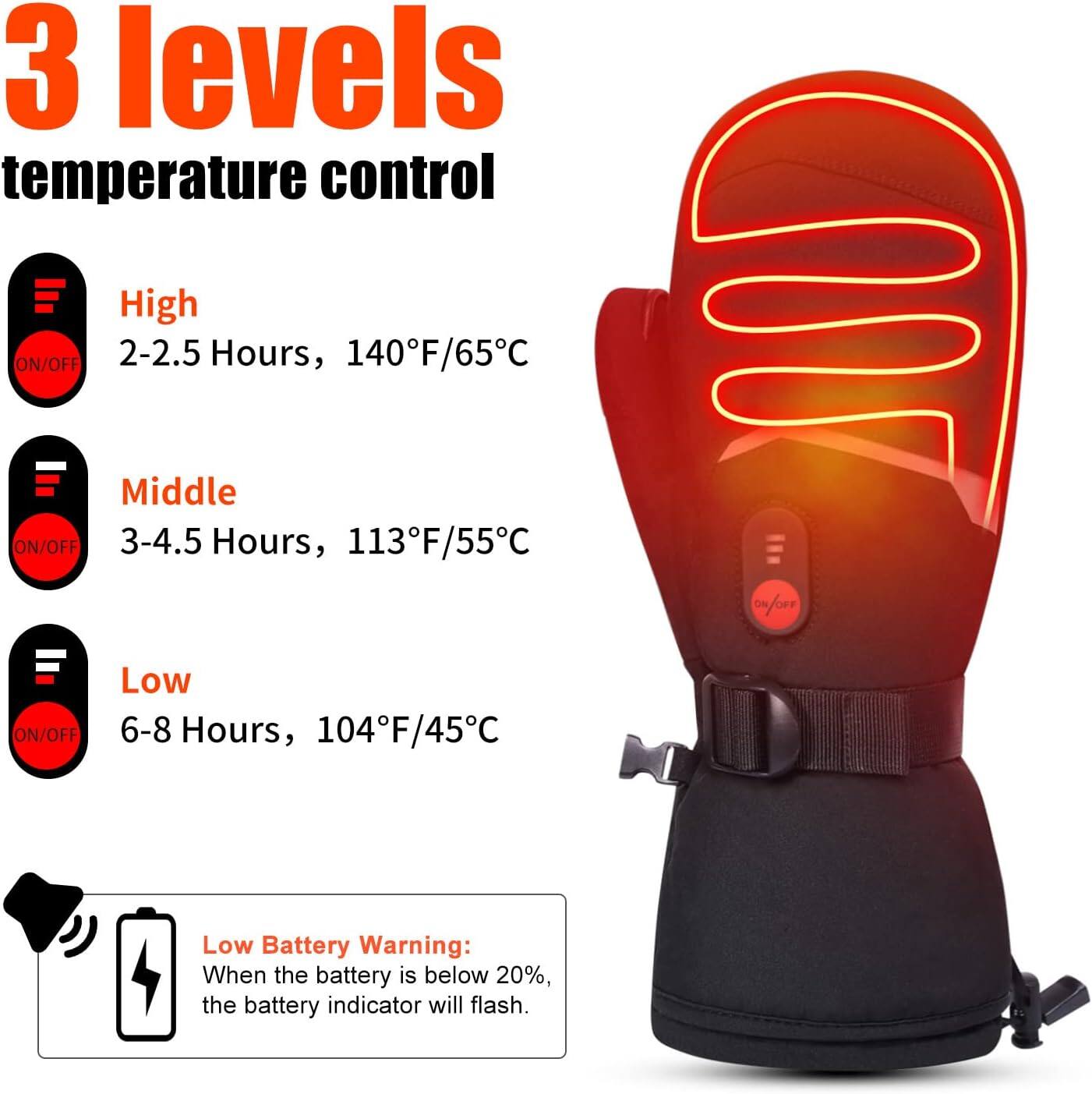3 levels temperature control

High ON/OFF 2-2.5 Hours, 140°F/65°C

Middle ON/OFF 3-4.5 Hours, 113°F/55°C

Low ON/OFF 6-8 Hours, 104°F/45°C

Low Battery Warning: When the battery is below 20%, the battery indicator will flash.
