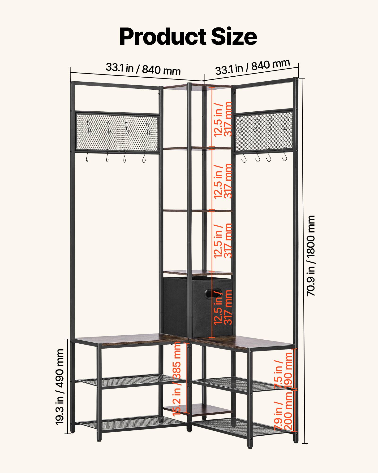 Product Size

- Width: 33.1 in / 840 mm
- Depth: 12.5 in / 317 mm
- Height: 70.9 in / 1800 mm
- Shelf Spacing: 12.5 in / 317 mm
- Bottom Shelf Height: 19.3 in / 490 mm
- Top Shelf Height: 15.2 in / 385 mm
- Bottom Shelf Height: 7.9 in / 200 mm