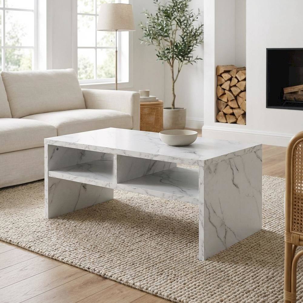 Back. FurniFact - White Faux Marble Coffee Table with Honeycomb Material and Shelves for Storage - White Faux Marble.