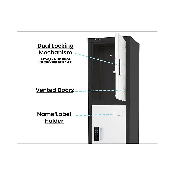 Dual Locking Mechanism: Key And Your Choice of Padlock/Combination Lock
Vented Doors
Name/Label Holder