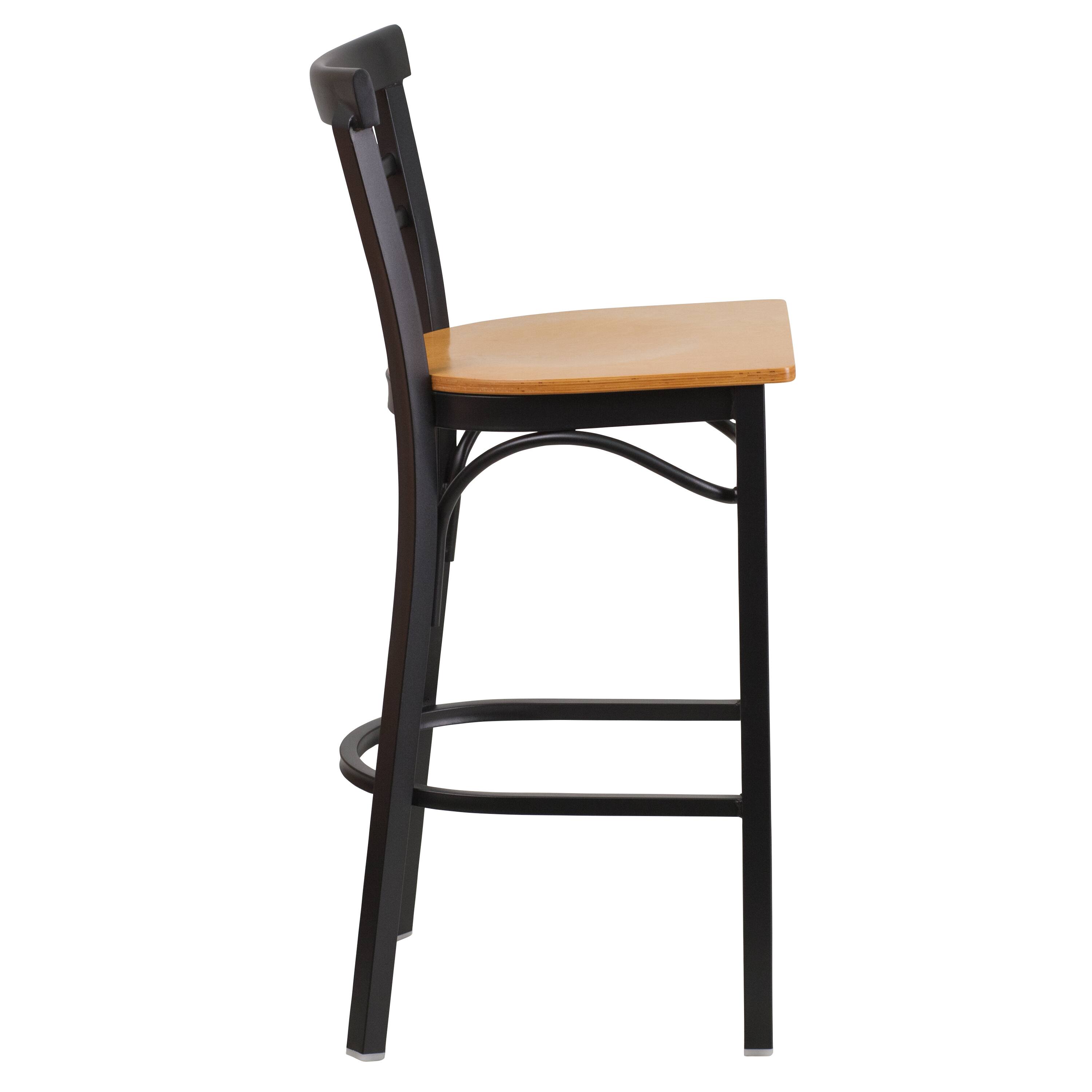 Alt View 4. Emma + Oliver - Two-Slat Ladder Back Metal Restaurant Dining Barstool - Natural Wood Seat/Black Metal Frame.