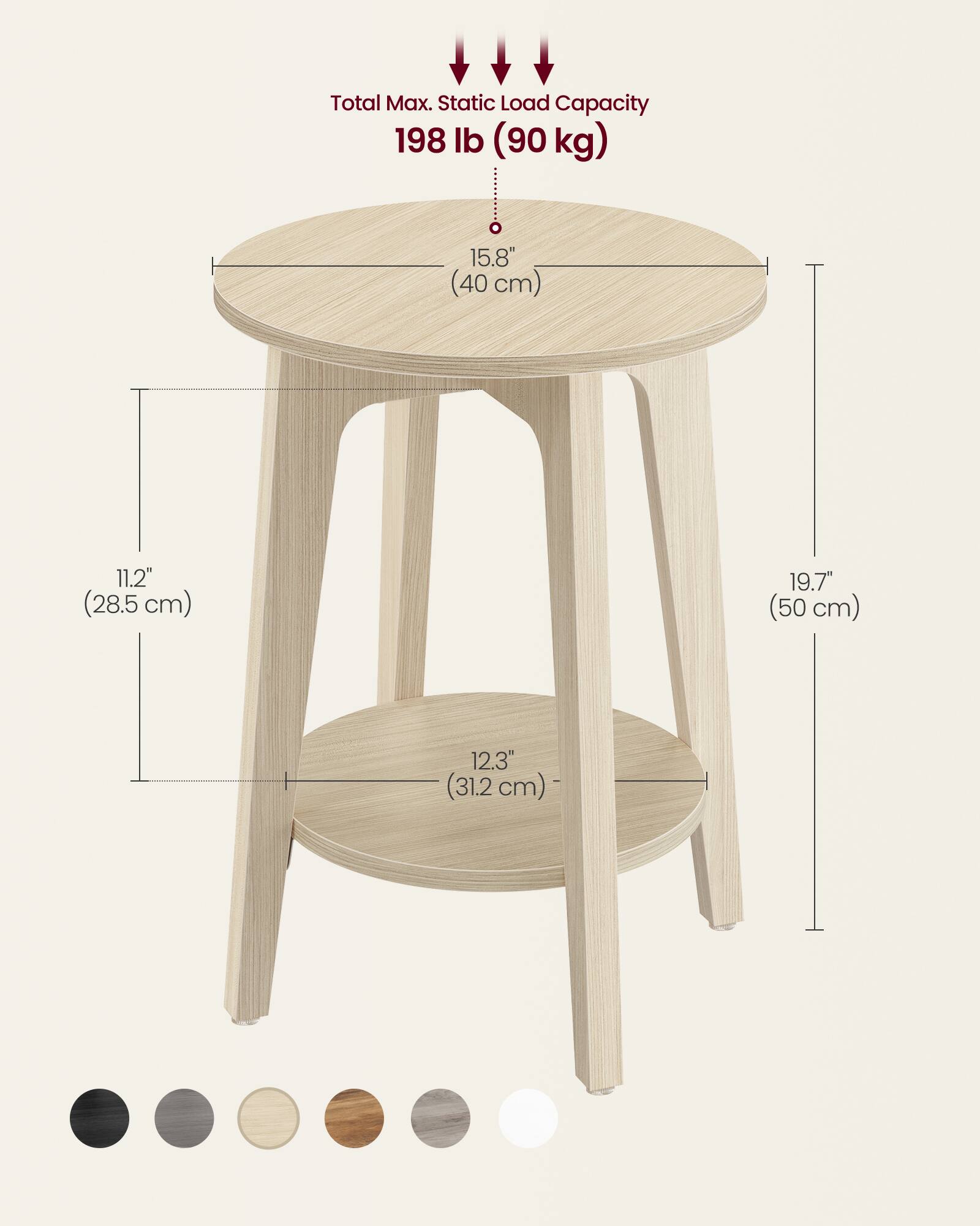 Total Max. Static Load Capacity: 198 lb (90 kg)

- Diameter: 15.8" (40 cm)
- Height: 19.7" (50 cm)
- Top Thickness: 11.2" (28.5 cm)
- Bottom Thickness: 12.3" (31.2 cm)