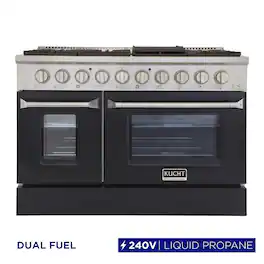 Kucht - 48" Dual Fuel Range for LP, SS/Black Doors, Sealed Burners, Griddle, 2 Ovens (1 Convection) - Black