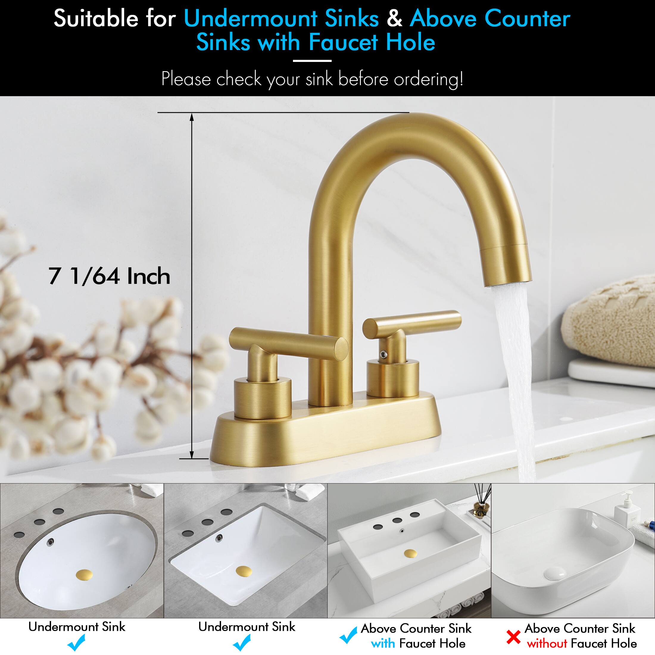Suitable for Undermount Sinks & Above Counter Sinks with Faucet Hole  
Please check your sink before ordering!  

7 1/64 Inch  

Undermount Sink  
Undermount Sink  
Above Counter Sink with Faucet Hole  
Above Counter Sink without Faucet Hole