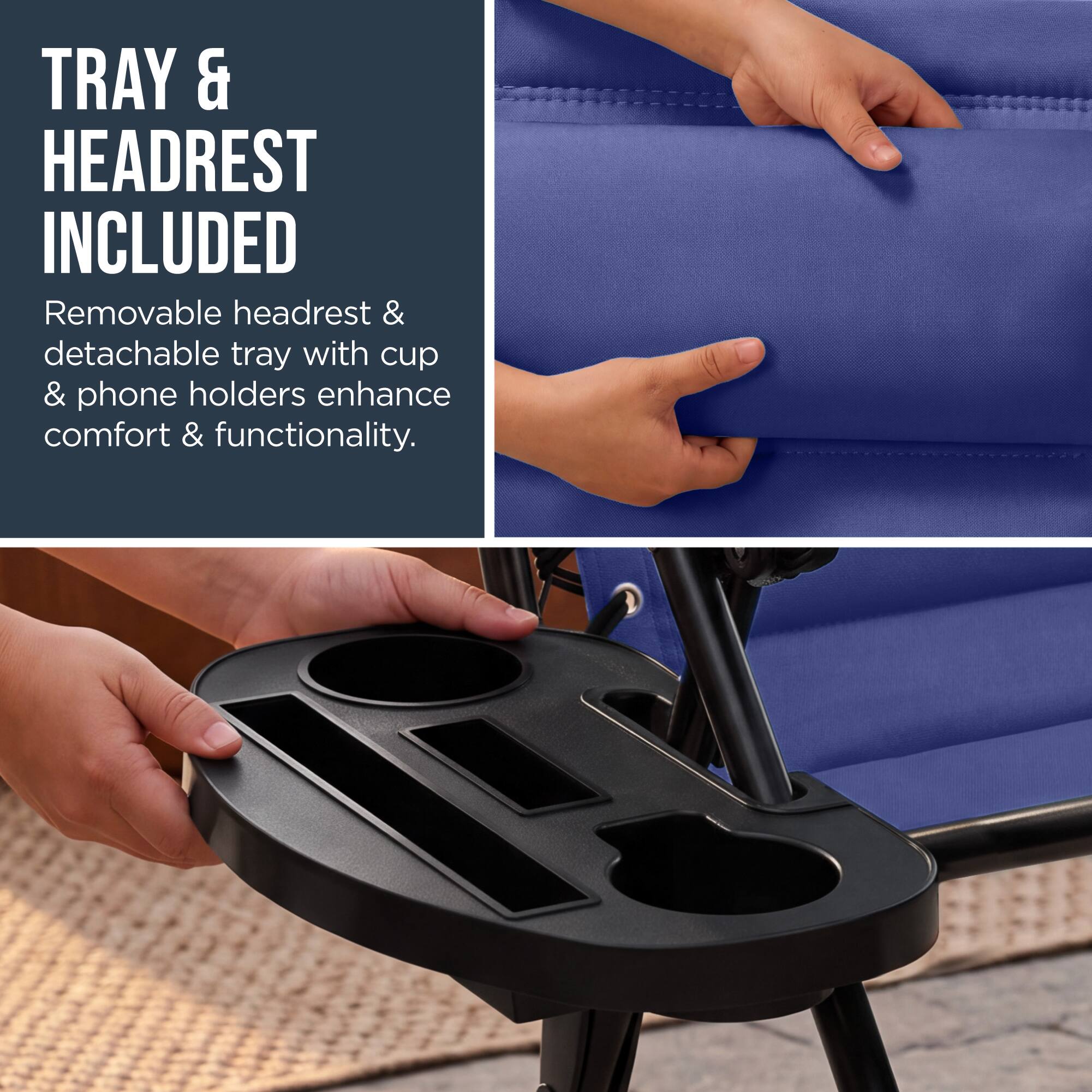 TRAY & HEADREST INCLUDED

Removable headrest & detachable tray with cup & phone holders enhance comfort & functionality.