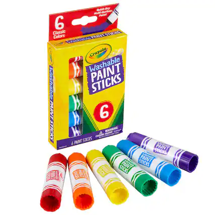 Quick-Dry Multi-Surface Paint!
6 Classic Colors
Washable Paint Sticks
Crayola Washable Paint Sticks
6 Paint Sticks
Warning: Choking Hazard - Small parts. Not for children under 3 years.