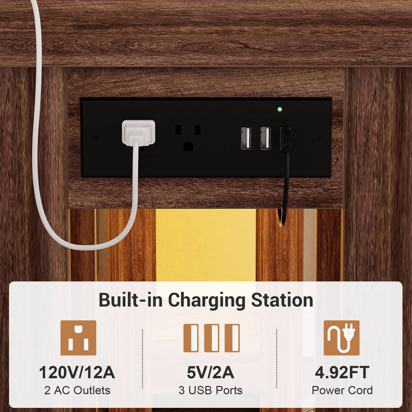 Built-in Charging Station  
120V/12A  
2 AC Outlets  
5V/2A  
3 USB Ports  
4.92FT Power Cord