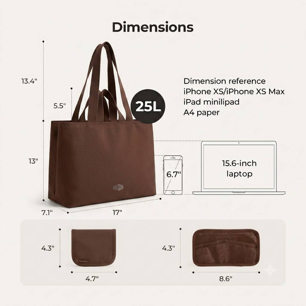 Dimensions: 13.4" x 5.5" x 25L  
Dimension reference: iPhone XS/iPhone XS Max, iPad mini, A4 paper  
13" x 7.1" x 17"  
4.3" x 4.7"  
8.6"  
15.6-inch laptop