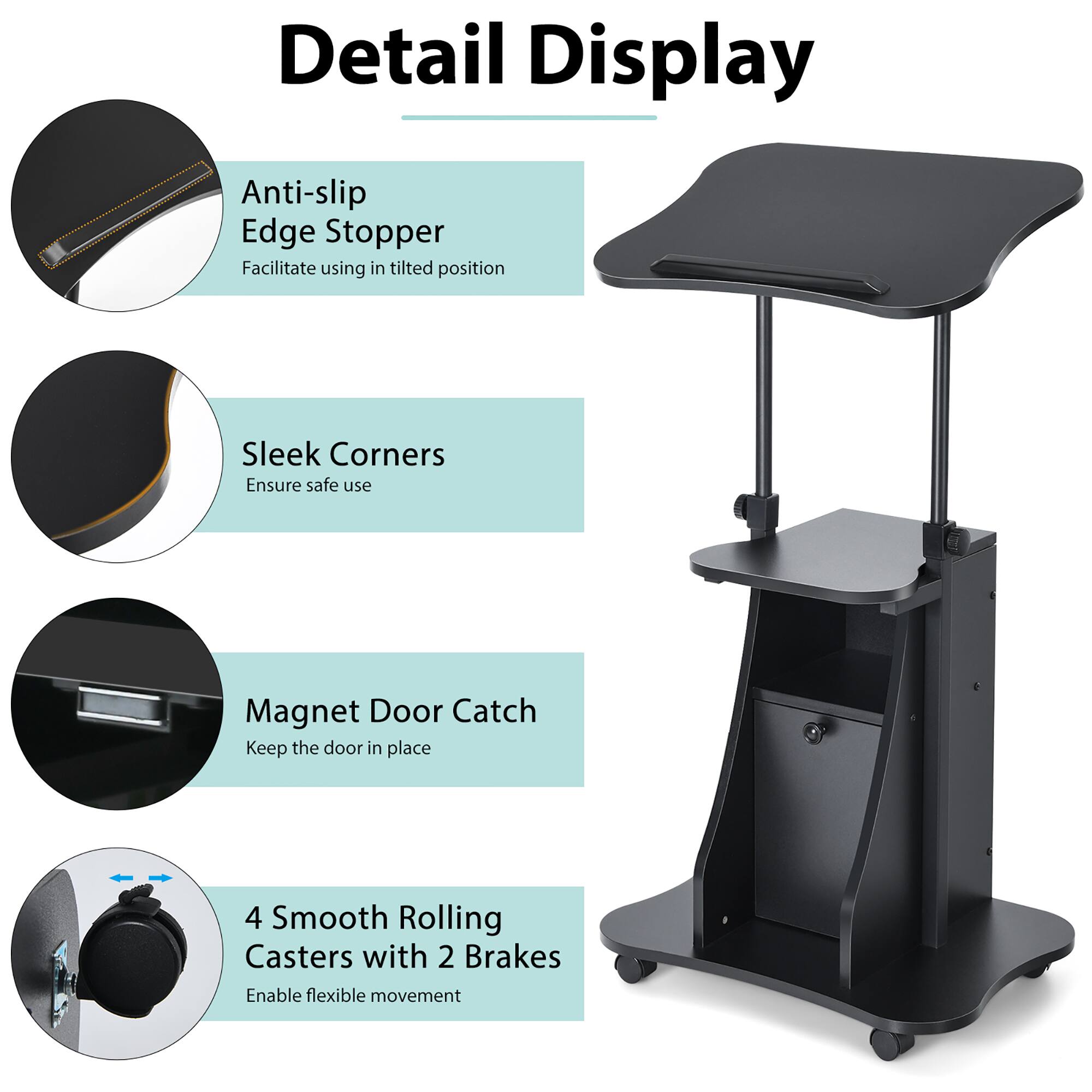 Detail Display

- Anti-slip Edge Stopper  
  Facilitate using in tilted position

- Sleek Corners  
  Ensure safe use

- Magnet Door Catch  
  Keep the door in place

- 4 Smooth Rolling Casters with 2 Brakes  
  Enable flexible movement