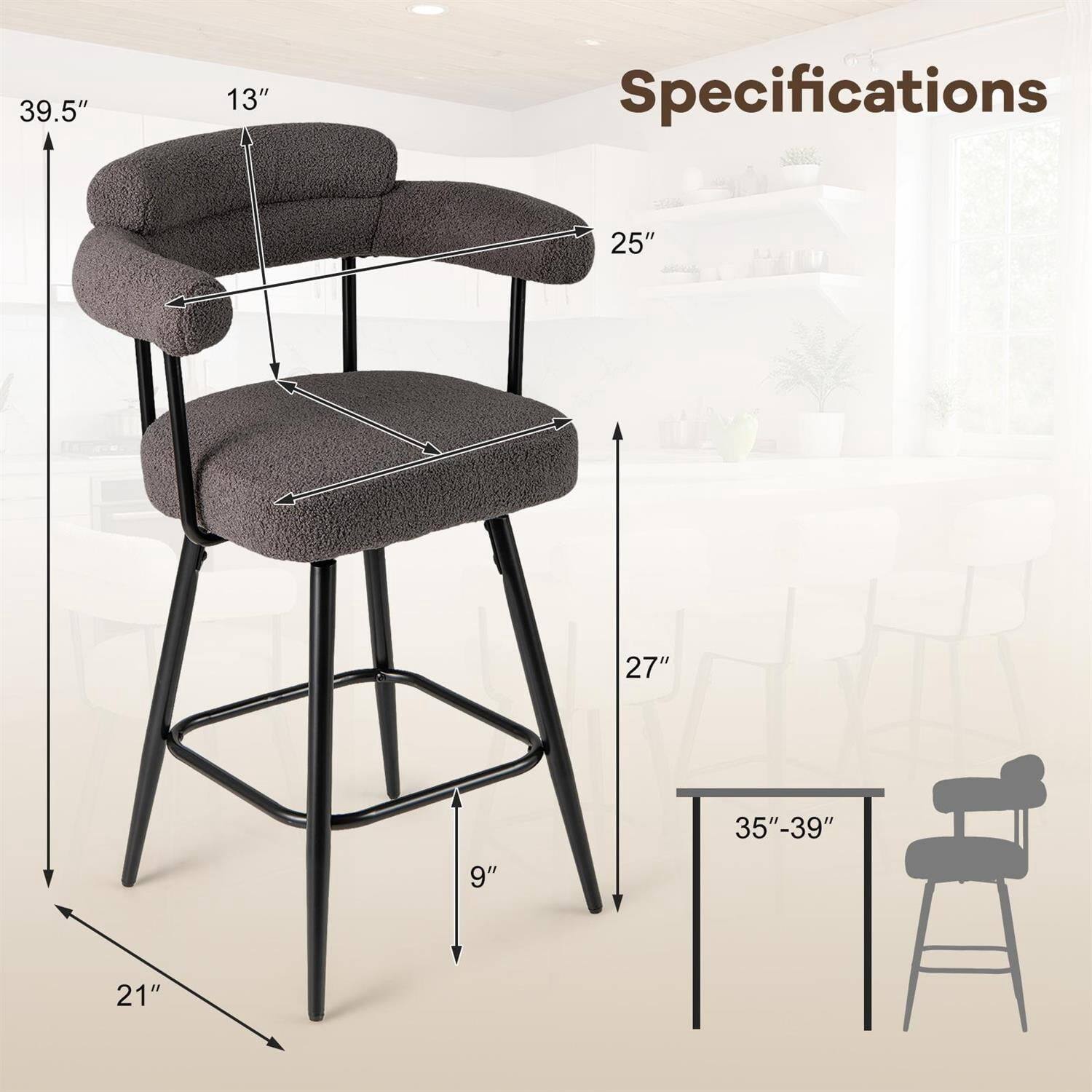 Specifications

- Height: 39.5"
- Seat Height: 27"
- Seat Depth: 25"
- Seat Width: 21"
- Back Height: 13"
- Base Width: 35"-39"
- Base Depth: 9"