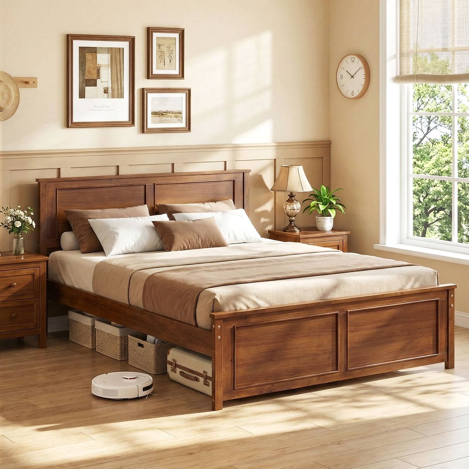 Alt View 1. Gymax - Gymax Full Size Bed Frame Farmhouse Wooden Platform Bed w/ Headboard Walnut - Brown.