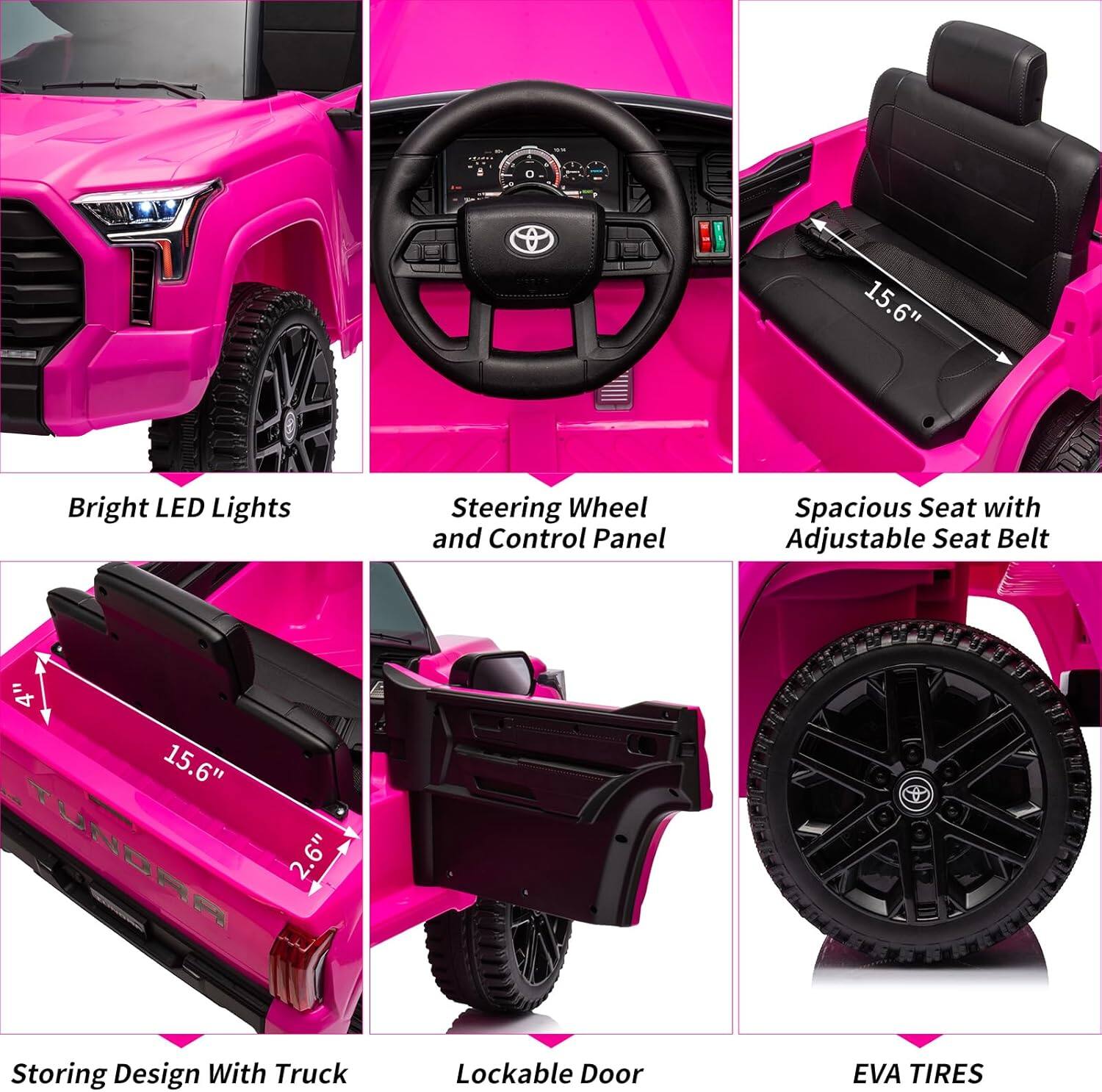1. Bright LED Lights
2. Steering Wheel and Control Panel
3. Spacious Seat with Adjustable Seat Belt
4. Storing Design With Truck
5. Lockable Door
6. EVA Tires