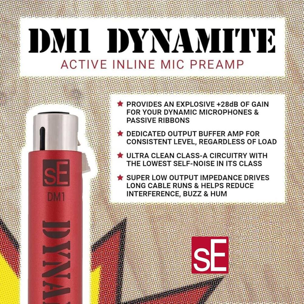 DMI DYNAMITE  
ACTIVE INLINE MIC PREAMP

- PROVIDES AN EXPLOSIVE +28dB OF GAIN FOR YOUR DYNAMIC MICROPHONES & PASSIVE RIBBONS
- DEDICATED OUTPUT BUFFER AMP FOR CONSISTENT LEVEL, REGARDLESS OF LOAD
- ULTRA CLEAN CLASS-A CIRCUITRY WITH THE LOWEST SELF-NOISE IN ITS CLASS
- SUPER LOW OUTPUT IMPEDANCE DRIVES LONG CABLE RUNS & HELPS REDUCE INTERFERENCE, BUZZ & HUM