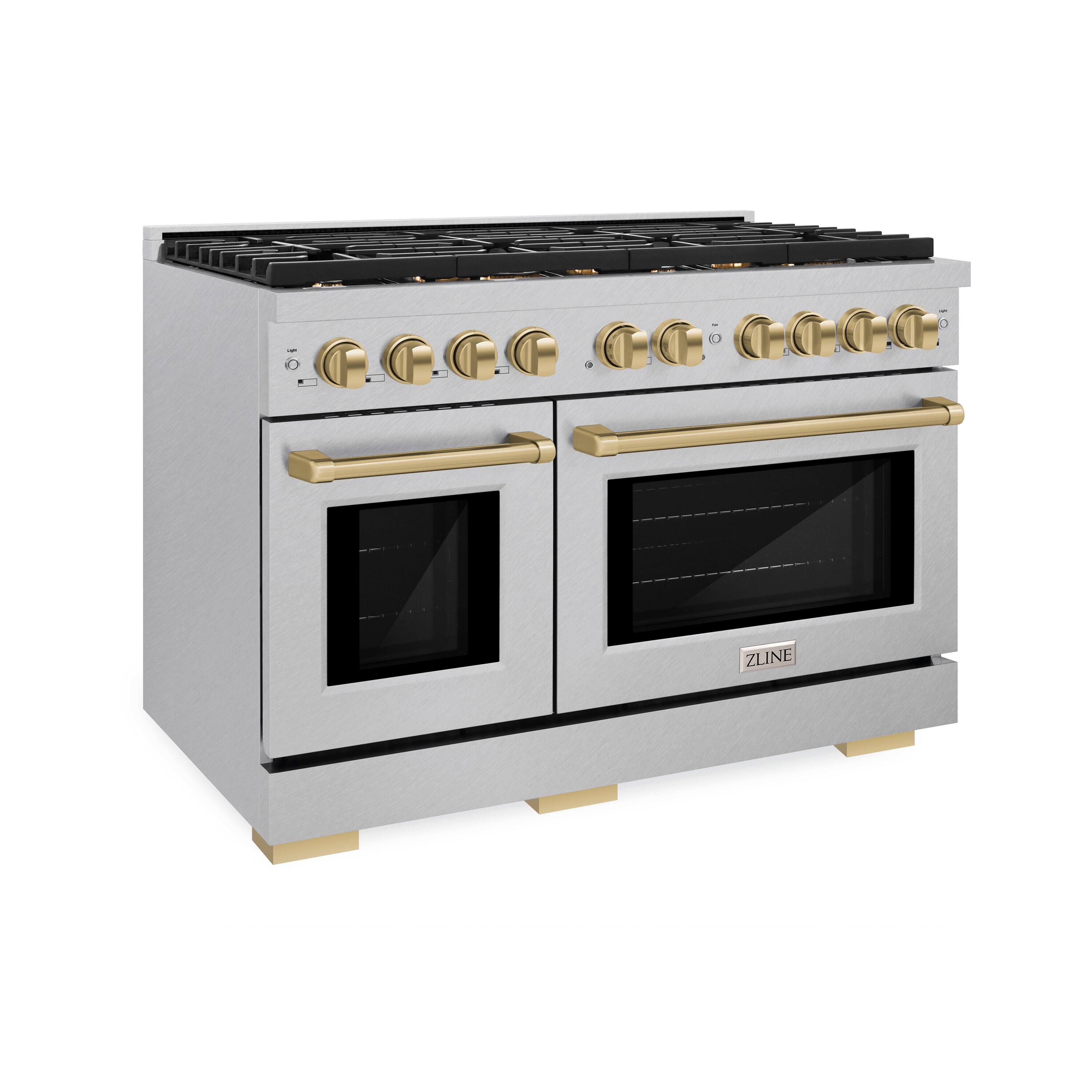 Left. ZLINE - ZLINE Autograph 48 in. Paramount Satin Steel Gas Range w/ 8 Burners & Bronze Accents (SGRSZ-48-CB) - Stainless Steel.