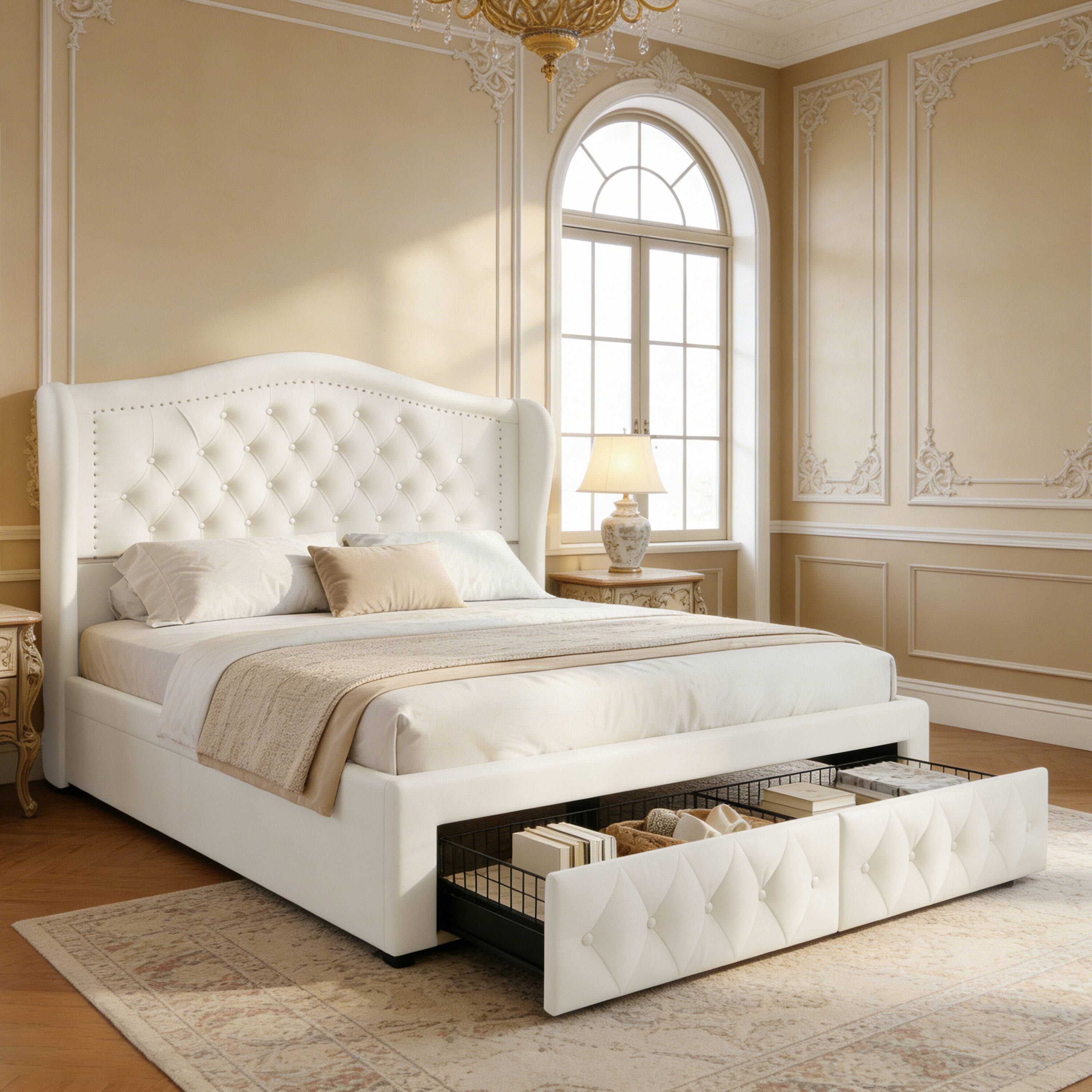 Left. Dyonery - Queen bed frame, 52.6 inches high, with two drawers, velvet soft packaging, sewn headboard, vintage design. - Beige.