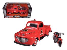 1948 Ford F-1 Pickup Truck "Harley Davidson" Fire Truck and 1936 El Knucklehead Motorcycle 1/24 Diecast Models by Maisto - Red
