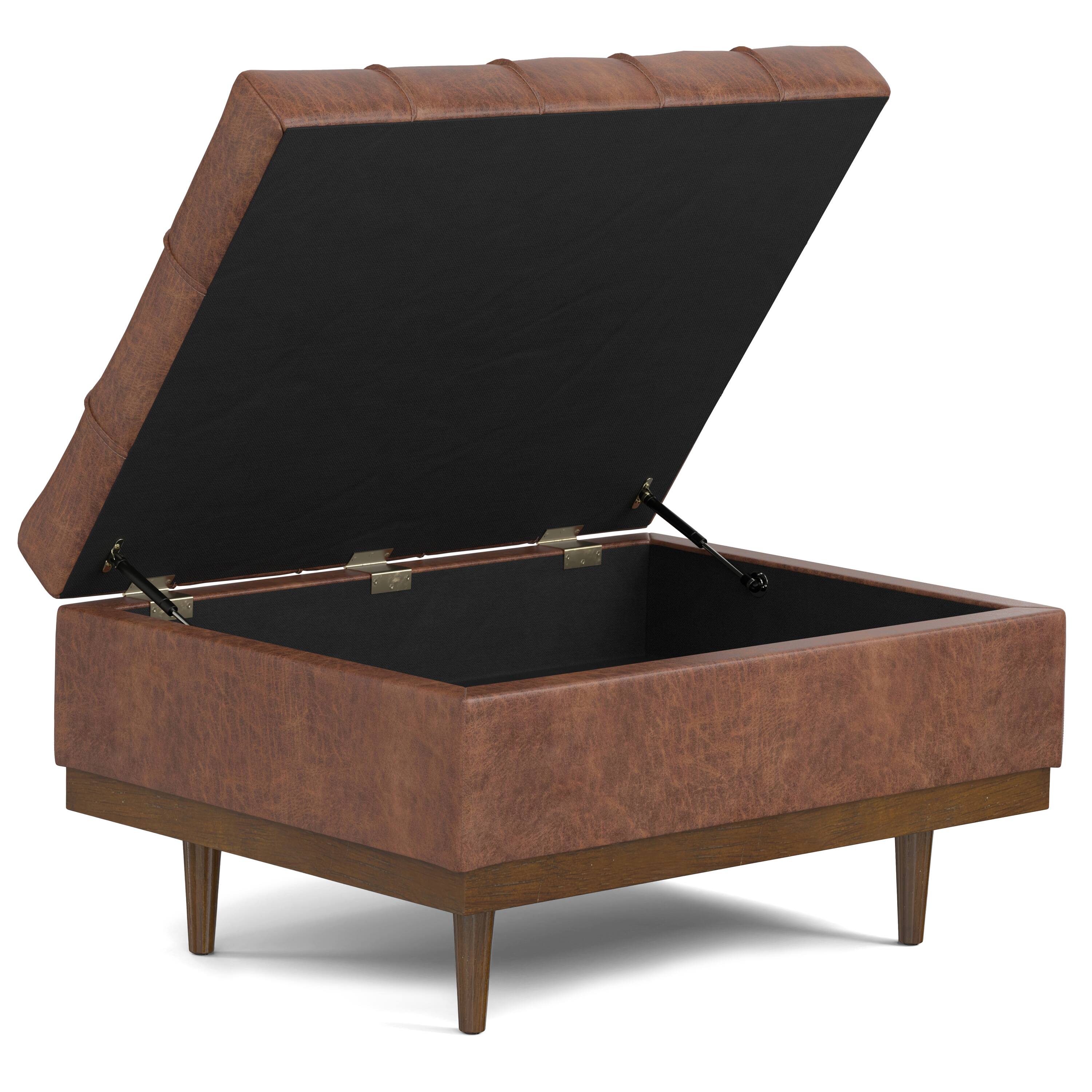 Left. Simpli Home - Mariah 34 inch Contemporary Rectangle Coffee Table Storage Ottoman in Distressed Saddle Brown Faux Leather, Assembled - Distressed Saddle Brown.