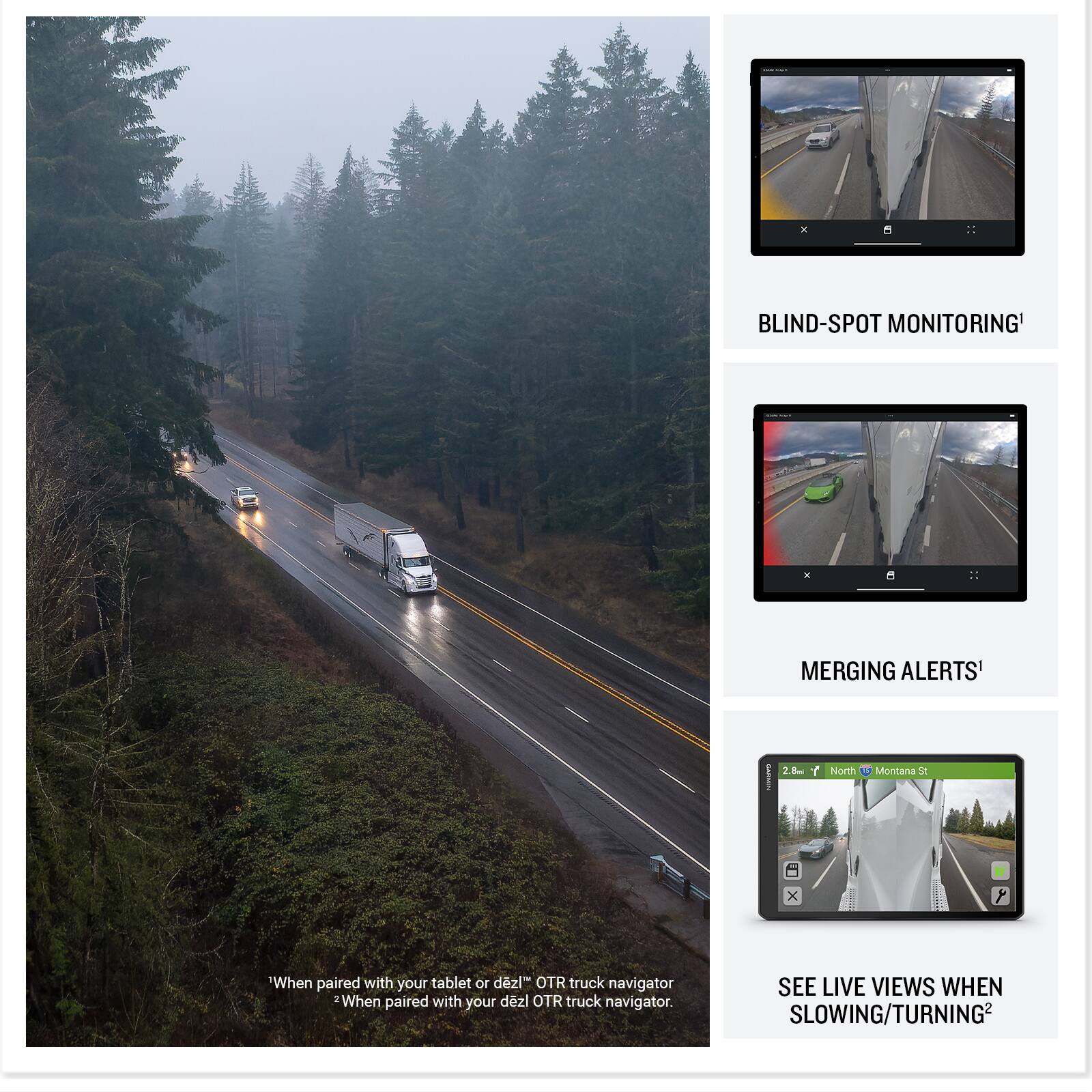 BLIND-SPOT MONITORING*

MERGING ALERTS*

SEE LIVE VIEWS WHEN SLOWING/TURNING*

*When paired with your tablet or dezli OTR truck navigator
*When paired with your dezli OTR truck navigator
