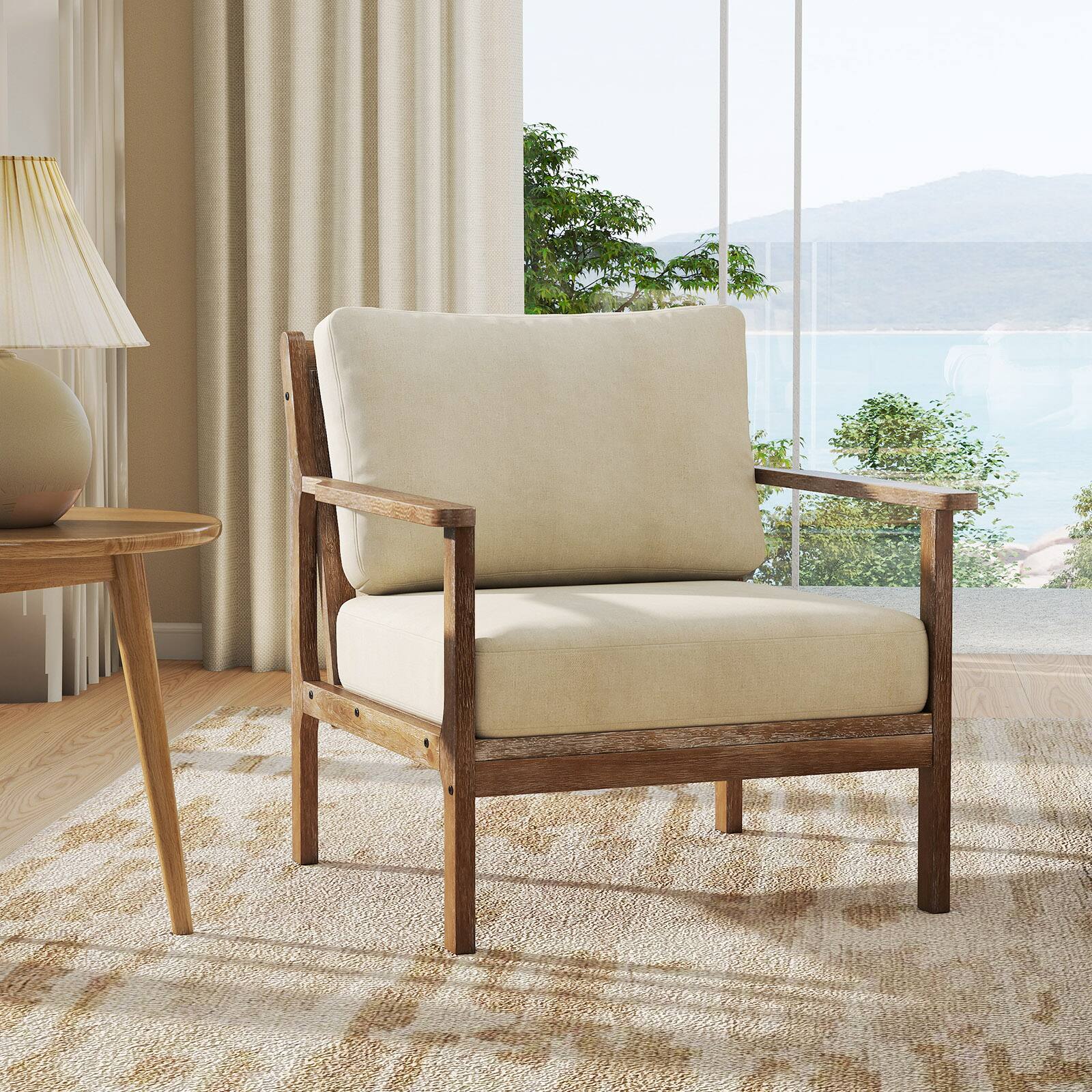 Alt View 3. Costway - Costway Modern Accent Chair with Solid Rubber Wood Armrests Cotton Linen Fabric Covers - Beige.