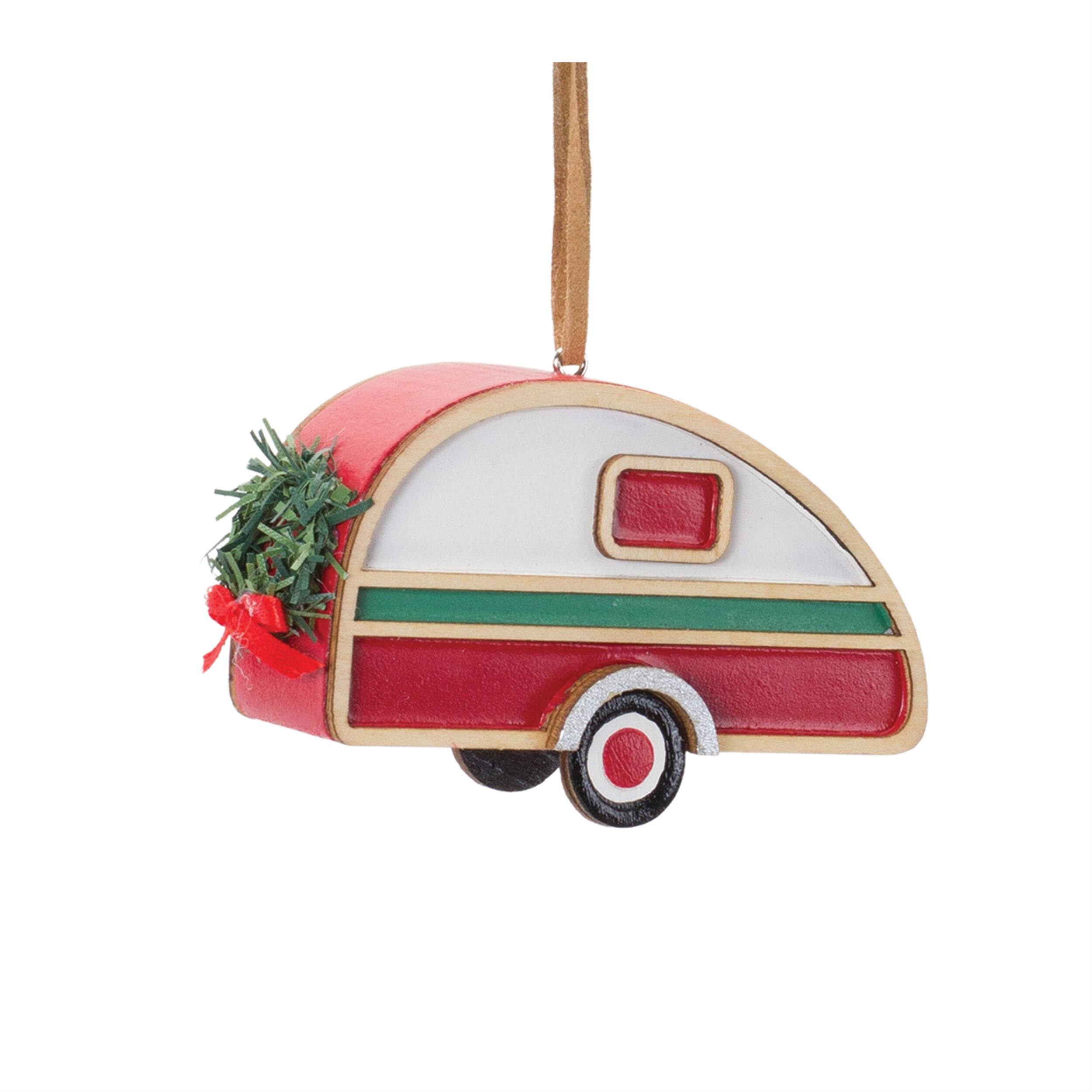 Left. BreeBe - Vintage Camper and Car Ornament (Set of 12) - Red, Green, White.