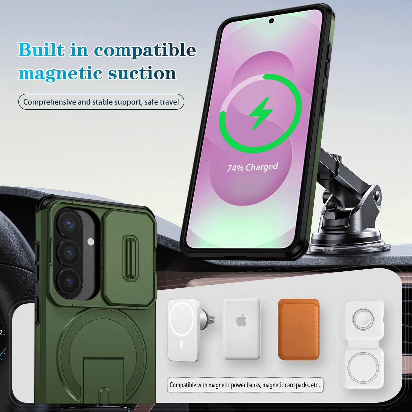 Built in compatible magnetic suction  
Comprehensive and stable support, safe travel  
74% Charged  
Compatible with magnetic power banks, magnetic card packs, etc.