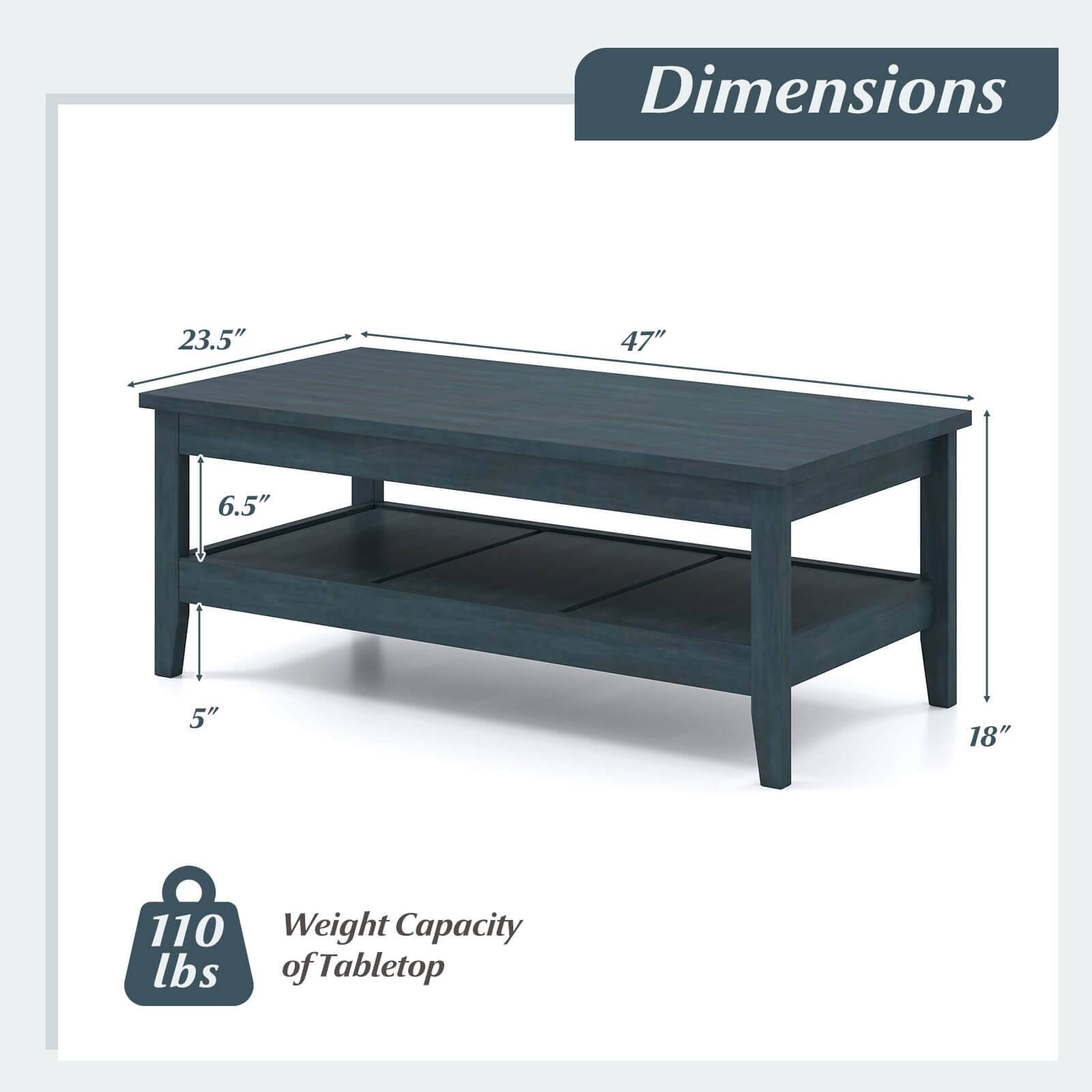 Dimensions:  
- Length: 47"  
- Width: 23.5"  
- Height: 18"  
- Shelf Height: 6.5"  
- Leg Height: 5"  

Weight Capacity of Tabletop: 110 lbs