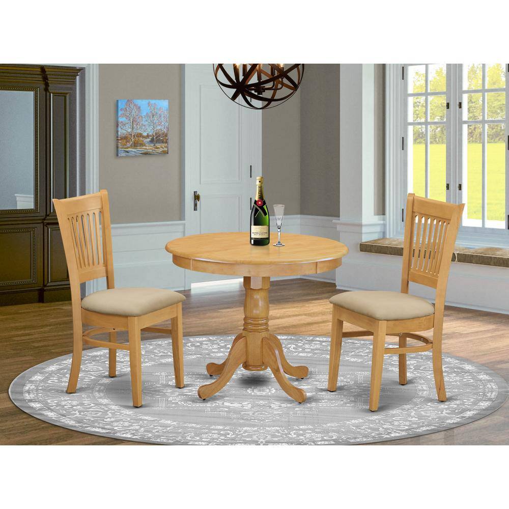 Front. East West Furniture - ANVA3-OAK-C 3 PC Dinette set - Kitchen Table and 2 Dining Chairs - Oak.