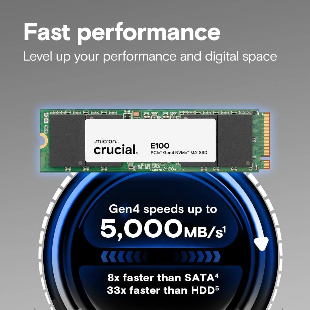 Fast performance  
Level up your performance and digital space  

micron  
crucial  
E100  
PCIe Gen4 NVMe™ M.2 SSD  

Gen4 speeds up to 5,000 MB/s¹  
8x faster than SATA⁴  
33x faster than HDD⁵