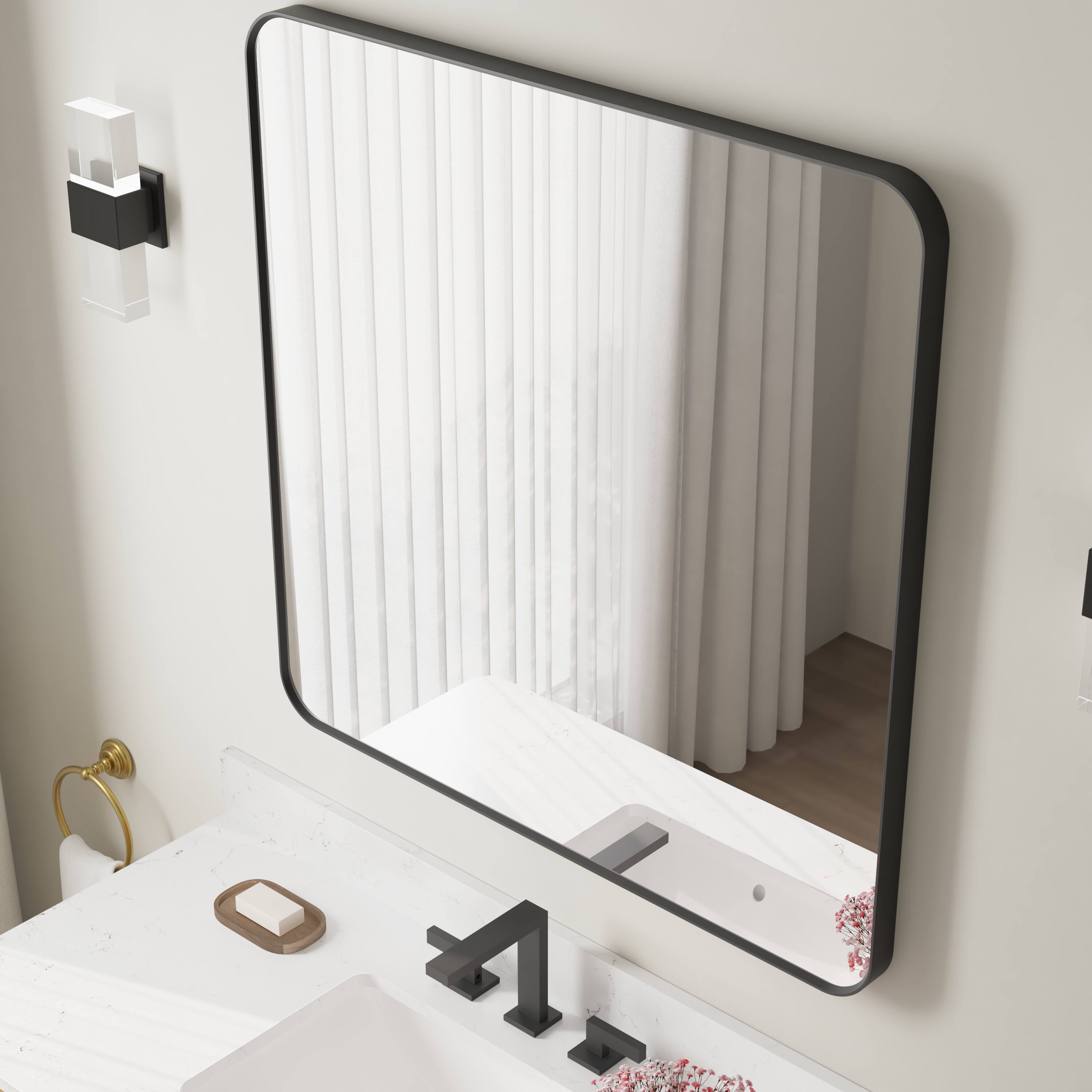 Left. WELLFOR - 36 in. W. x 36 in. H Square Aluminum Framed Wall-Mounted Bathroom Vanity Mirror - Matte Black.