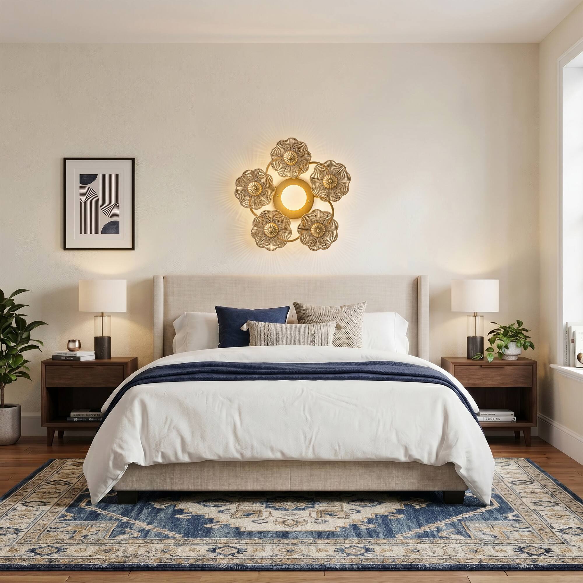 Left. Parrot Uncle - Antique Gold Modern Farmhouse Hand-Woven Raffia Rope Five Flower-Shaped Frosted Globe LED Wall Lamp Ceiling Light - Gold.