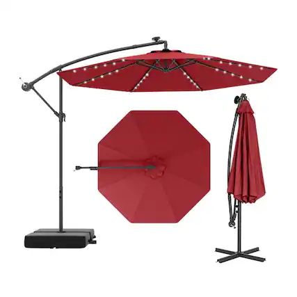 Front. Kadyn - Outdoor Garden Umbrella,Market Umbrella,10 Ft Patio Umbrella Offset Cantilever Umbrella with 40 Solar Powered Lights-Red.