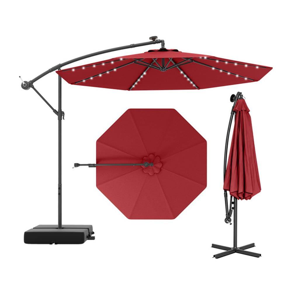 Front. Kadyn - Outdoor Garden Umbrella,Market Umbrella,10 Ft Patio Umbrella Offset Cantilever Umbrella with 40 Solar Powered Lights-Red.