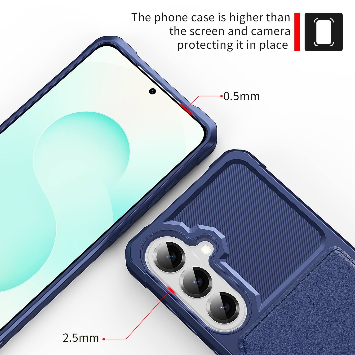 The phone case is higher than the screen and camera protecting it in place. 0.5mm 2.5mm