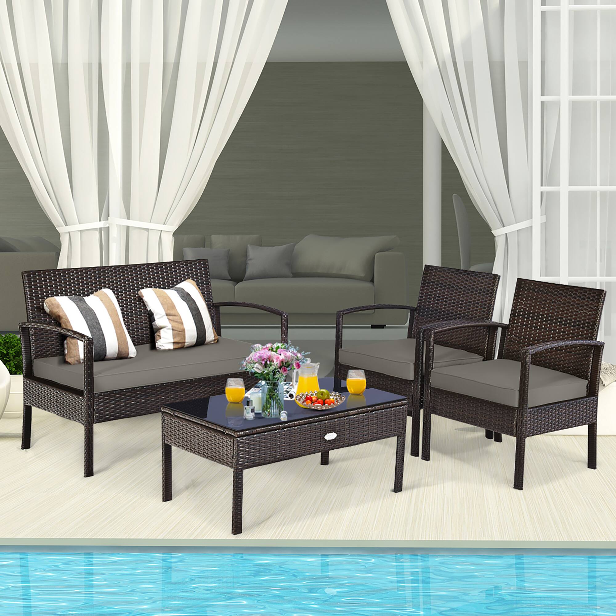 Alt View 1. Costway - Costway 4 PCS Patio Rattan Wicker Furniture Set Brown Loveseat Sofa Cushioned Garden Yard - Brown.