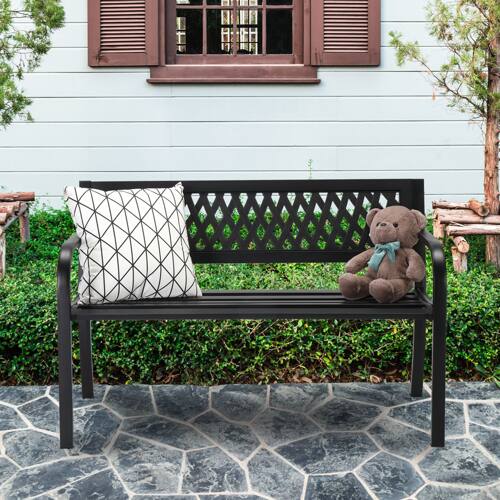 Alt View 8. Winado - 47in Garden Patio Bench Iron Frame PVC Mesh Backrest Slatted Seat 2-Person for Front Porch Outdoor Entryway Furniture - Black.