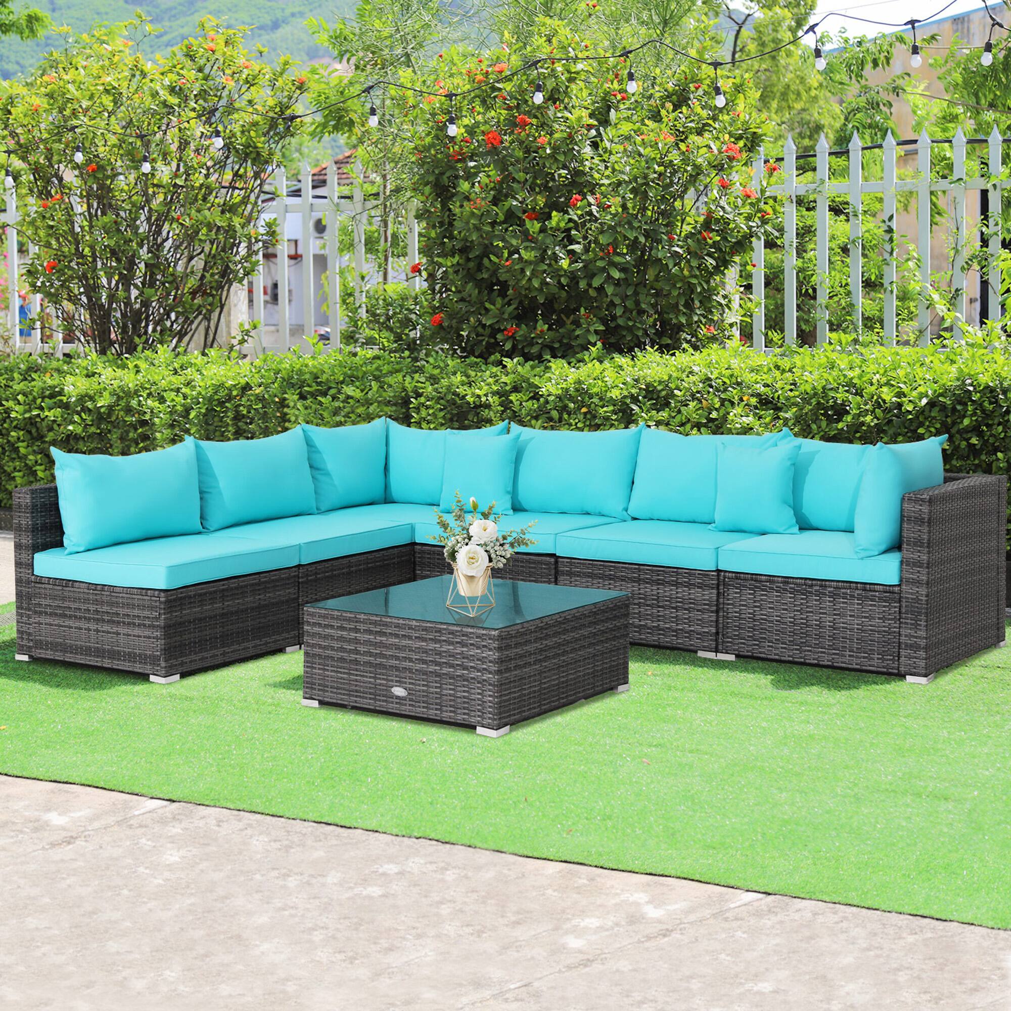 Alt View 3. Gymax - Gymax 7PCS Patio Rattan Sectional Sofa Set Outdoor Furniture Set w/ Turquoise Cushions - Turquoise.